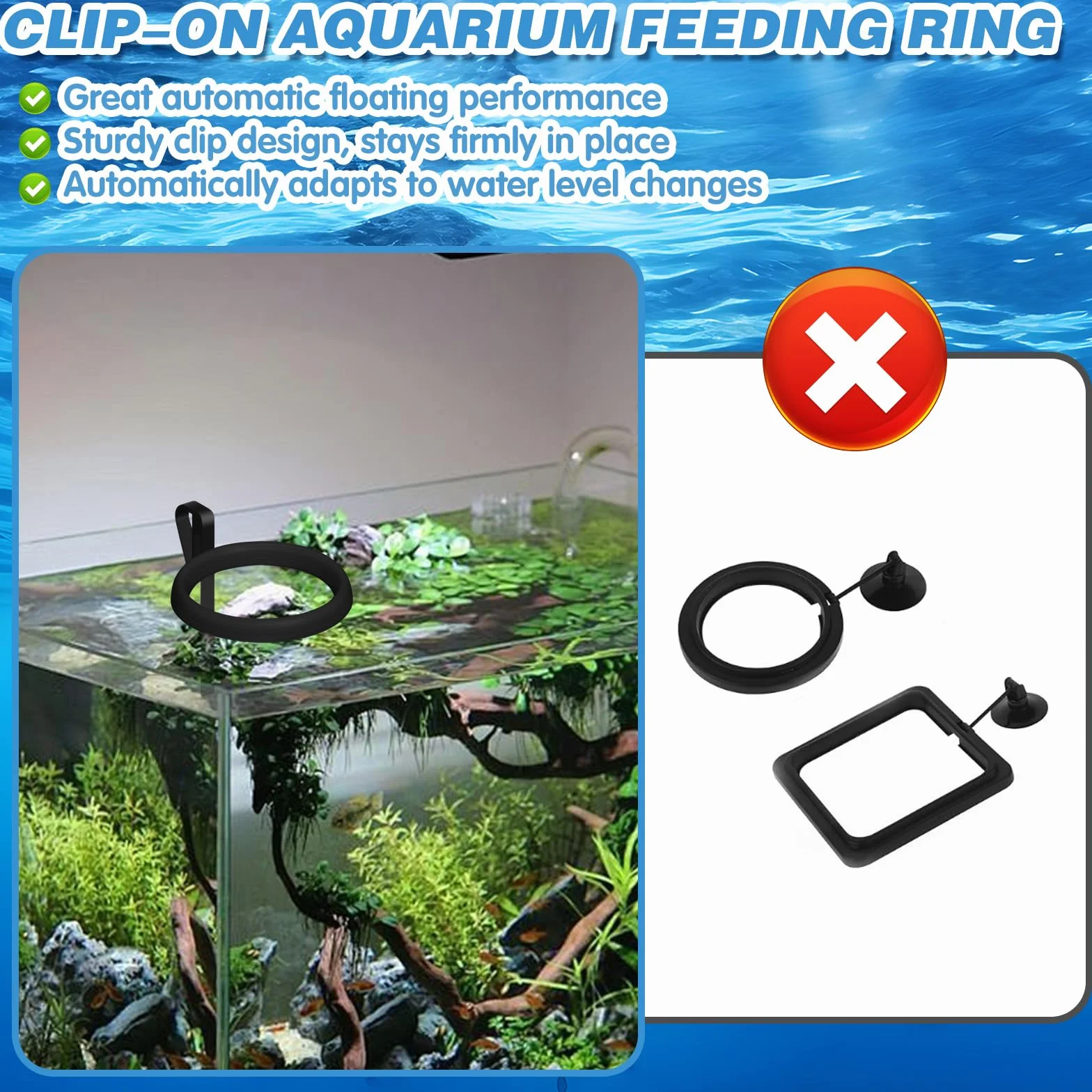 Anello galleggiante per l'alimentazione dei pesci da acquario, con clip di fissaggio, non disperde il cibo, adatto per vetri da 3 a 15 mm, mantiene il cibo galleggiante in posizione, ideale per pesci