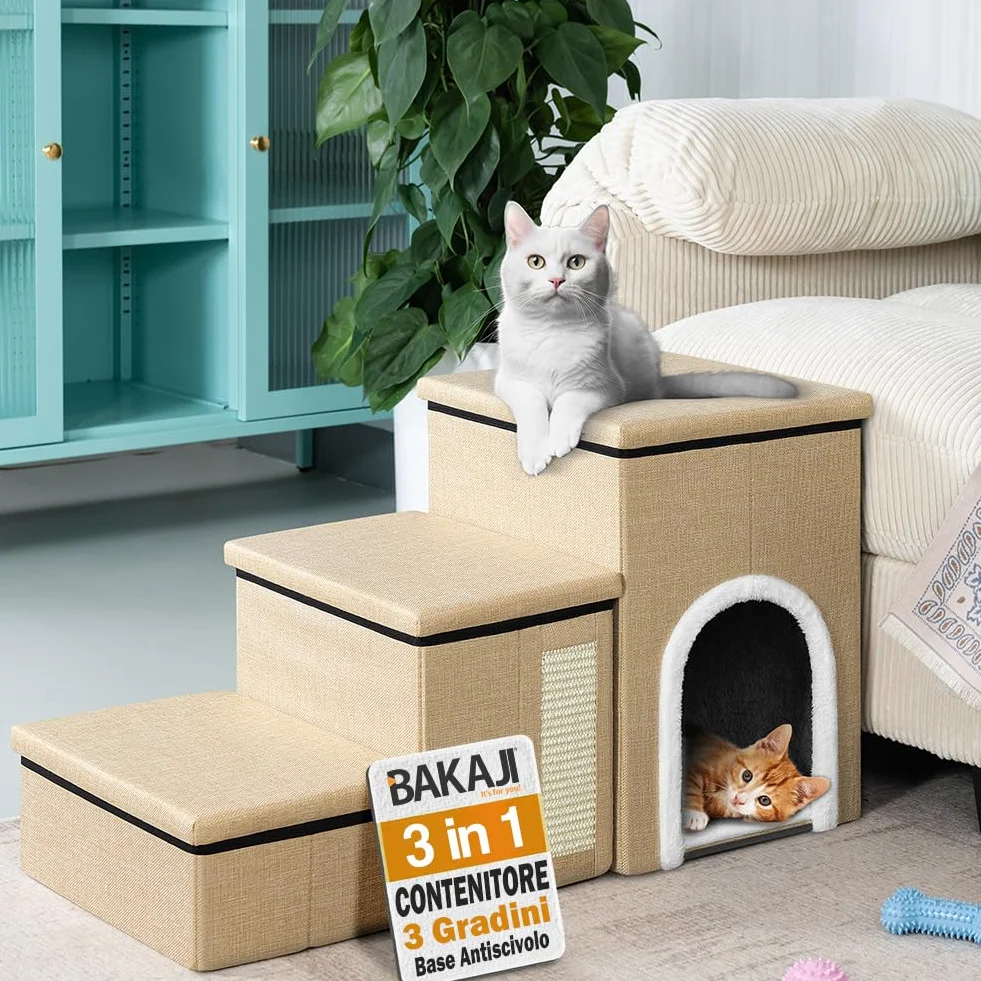 BAKAJI Pieghevole in Poliestere Beige Scala per Cani e Gatti 3in1 con Vano Contenitore e Cuccia Casetta, Gradini Ergonomiche, Fondo Antiscivolo