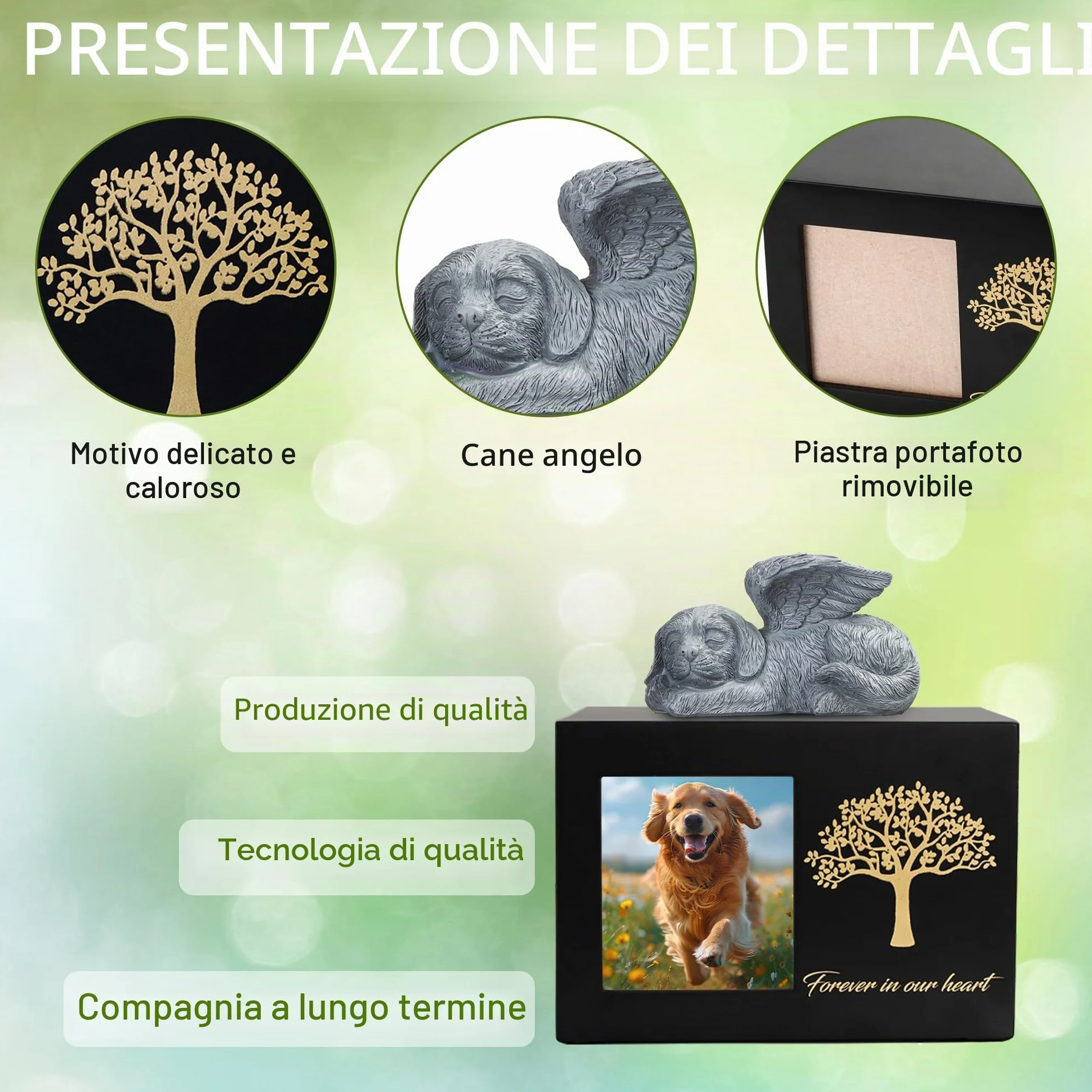 Urna per ceneri di cane in legno nero con cornice per foto e statua di cane in resina 25kg