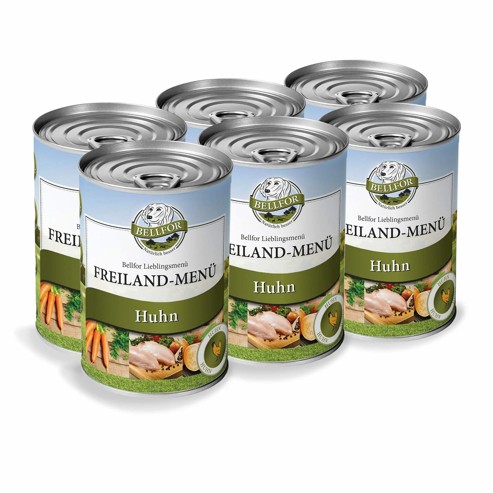 Bellfor Cibo umido senza cereali per cani con menù di pollo 6 x 400 g. Ricco di frutta e verdura fresca regionale, privo di additivi artificiali, perfetto per sensibili e tutte le razze.