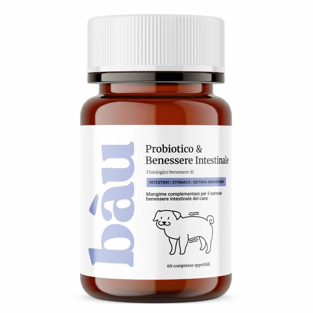 Bau Probiotici per Cani, Fermenti Lattici Cane, Supporto Gastrointestinale Cane, Probiotico Digestivo per Cani Prurito, Integratore Diarrea Cane con Ingredienti Naturali, Probiotico Cane -60cps