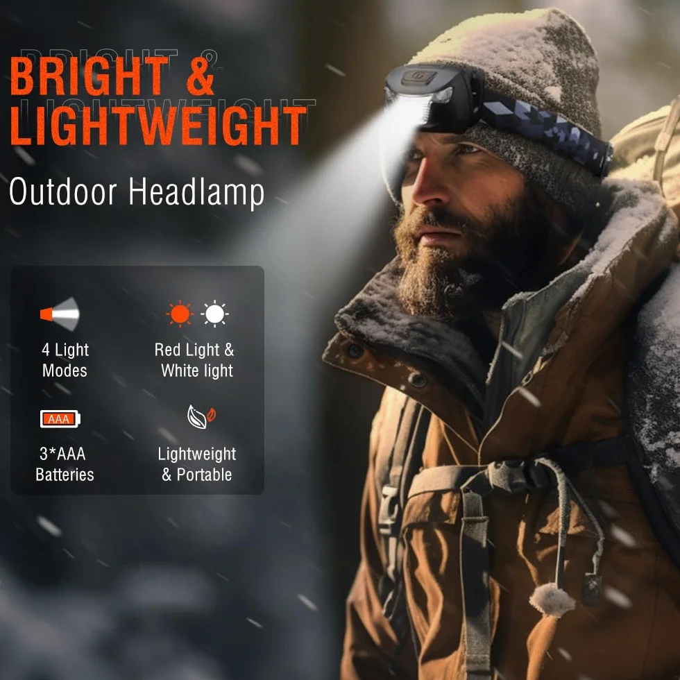 BORUIT BR01 Czołówka LED Czerwone Światło AAA Bateria IP66 Wodoodporna Latarka Czołowa 4 Tryby do Biegania Pracy Trekking