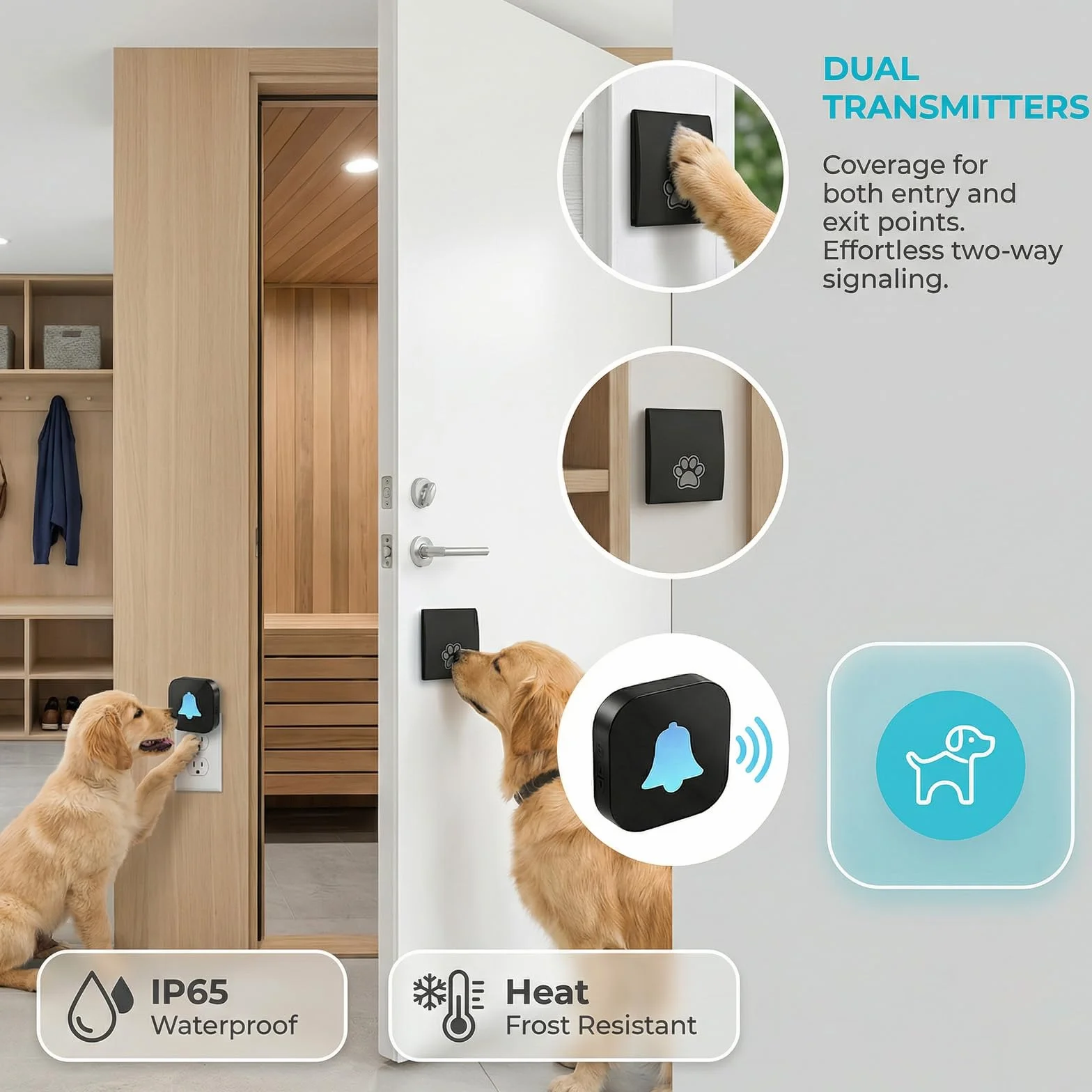 Campanello per cani, senza fili, per cani, senza fili, per cani, per animali domestici, 38 suonerie + 4 livelli di volume, campane da allenamento (1 ricevitore + 2 pulsanti)