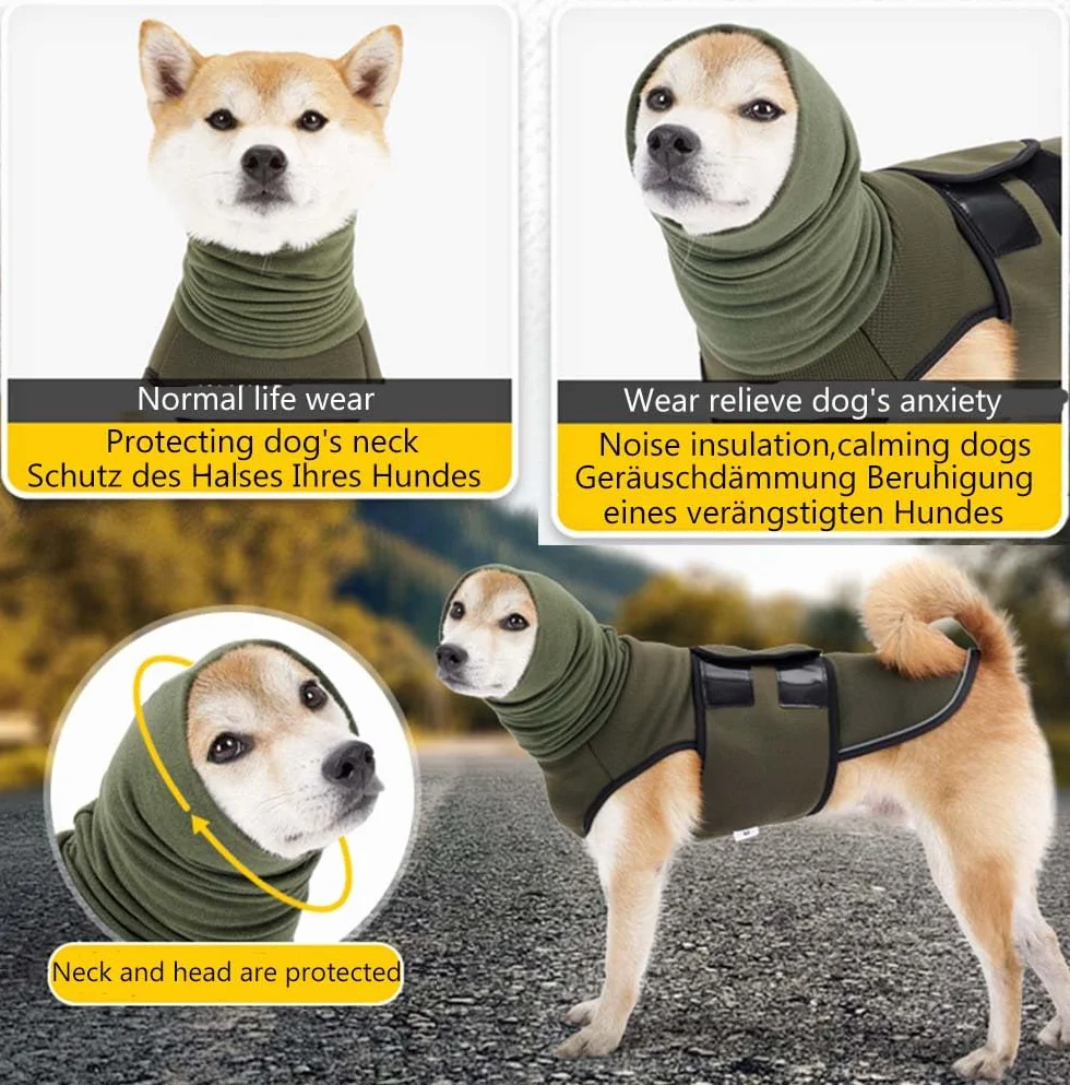 Cappotto calmante per cani con strisce riflettenti, protezioni orecchie, dolcevita ansia, per fuochi d'artificio e viaggi