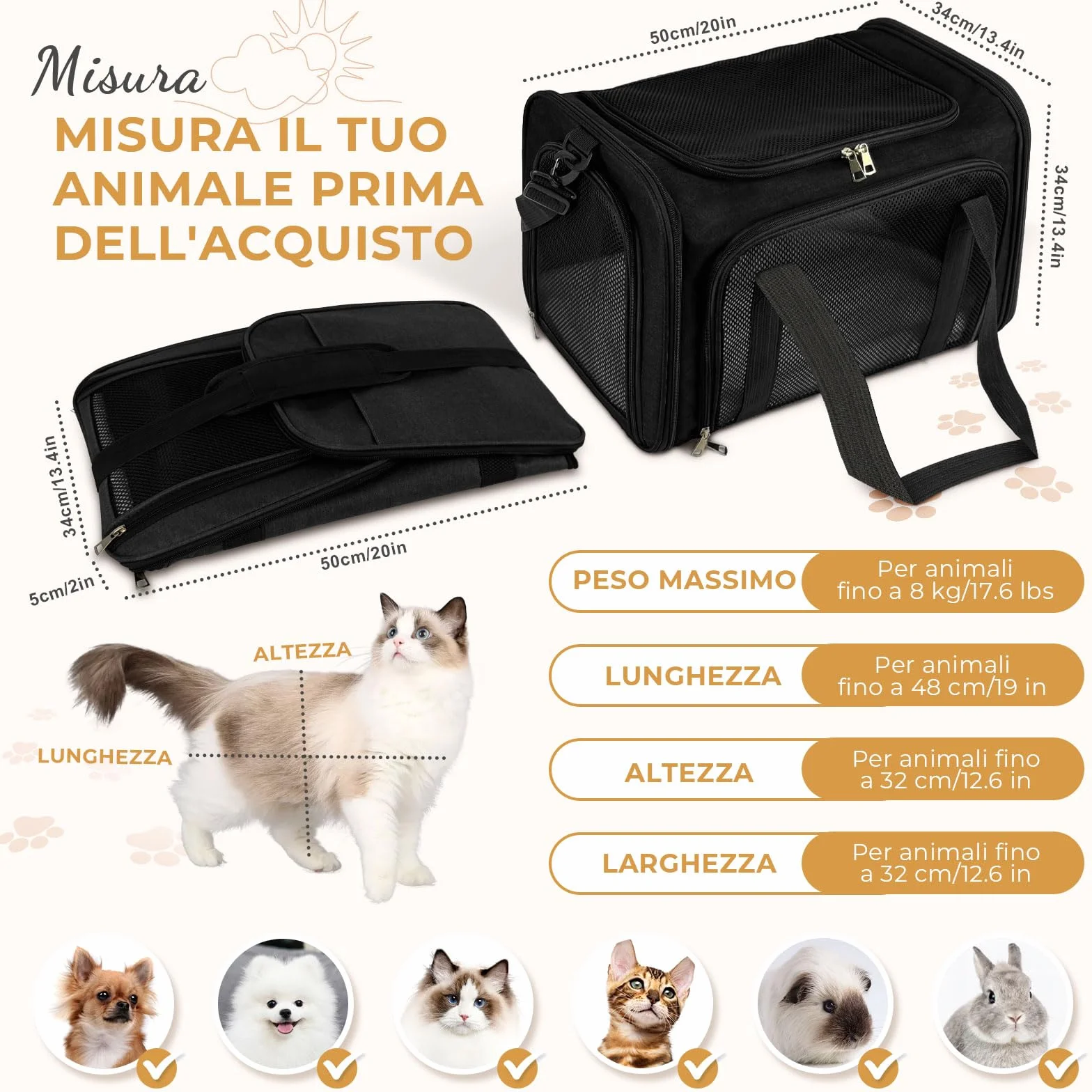 Trasportino per Gatti, 50x34x34cm Trasporto per Gatti e Animali fino a 8 kg, Trasportino per Animali Portatile Pieghevole, Trasportino per Viaggi Lunghi e Brevi (Nero)