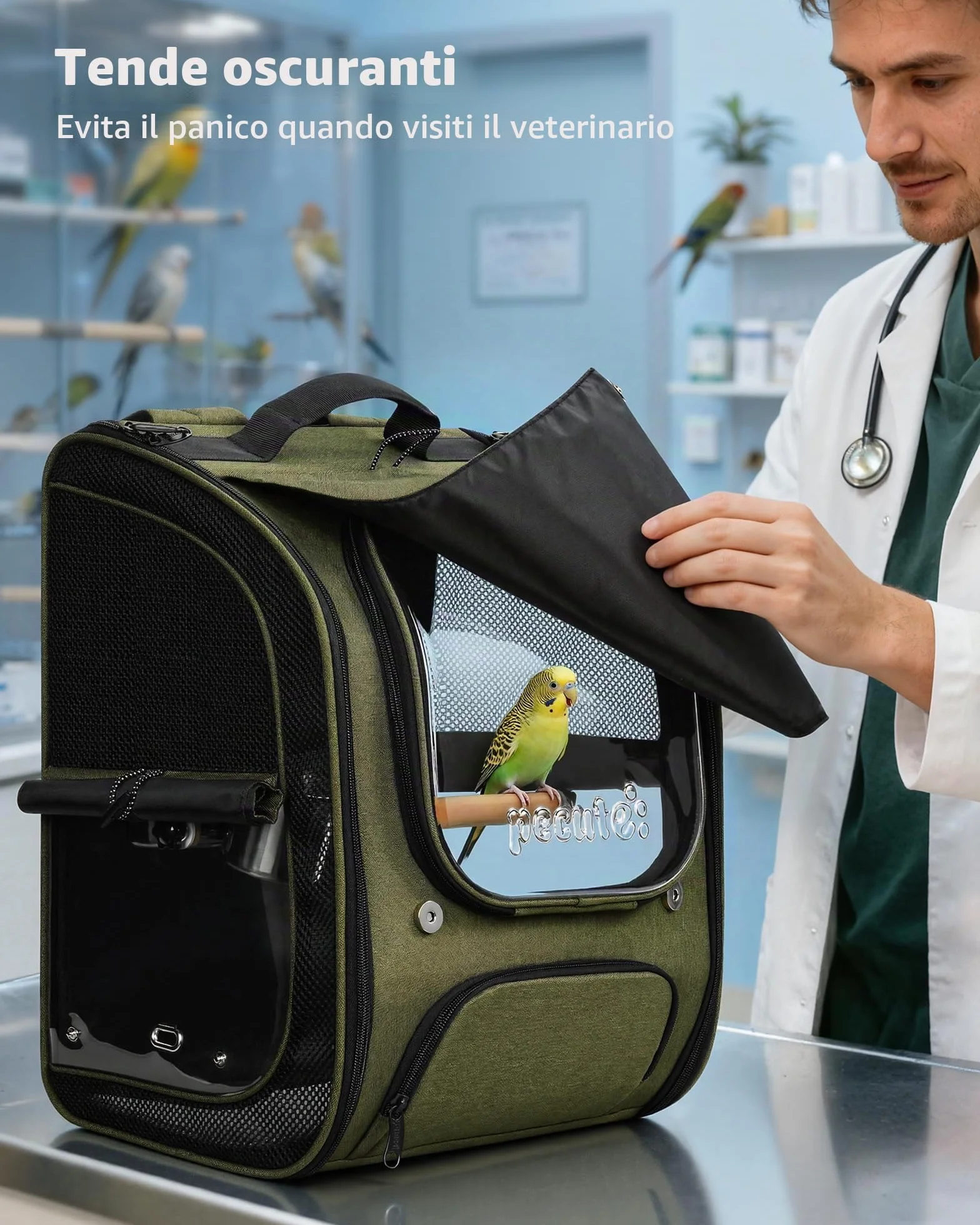 Pecute Gabbia Zaino per Pappagalli - Zaino Trasportino per Uccelli Portatile e Pieghevole con Finestra, Ciotole e Trespolo Amovibili, Sicuro e Traspirante per Veterinario e Uscite, Verde Oliva