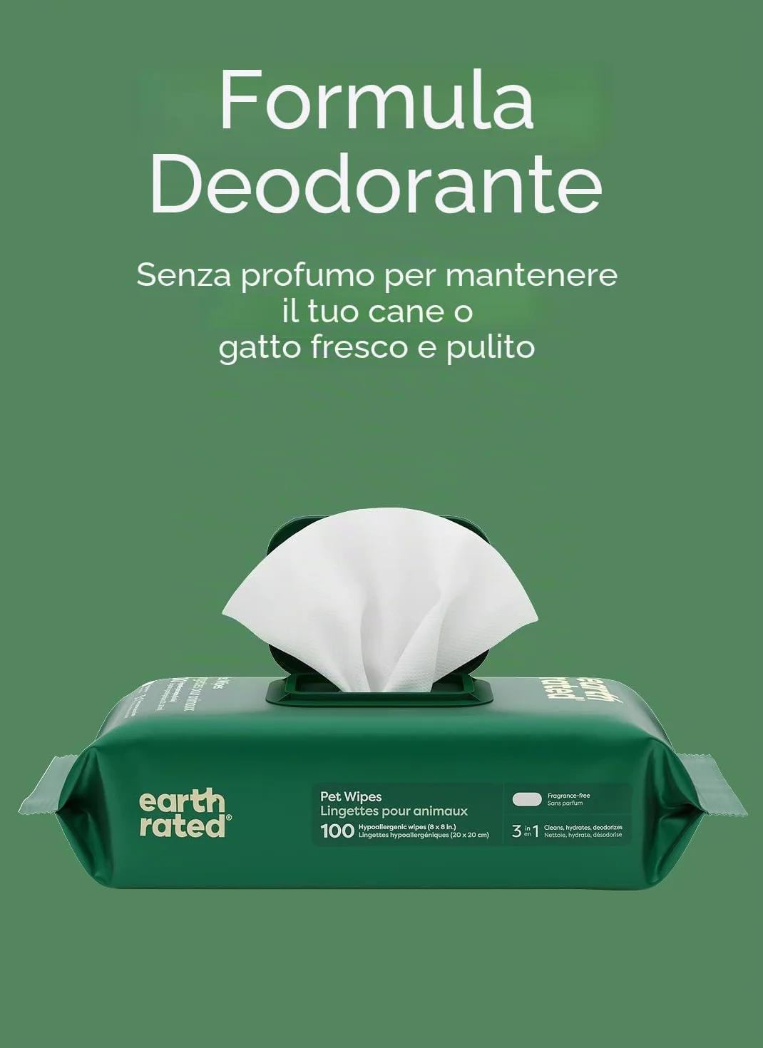 Earth Rated Salviette ipoallergeniche per Cani, puliscono ed eliminano Gli odori da Zampe, Corpo e Sedere, Senza Profumo, 100 Pezzi