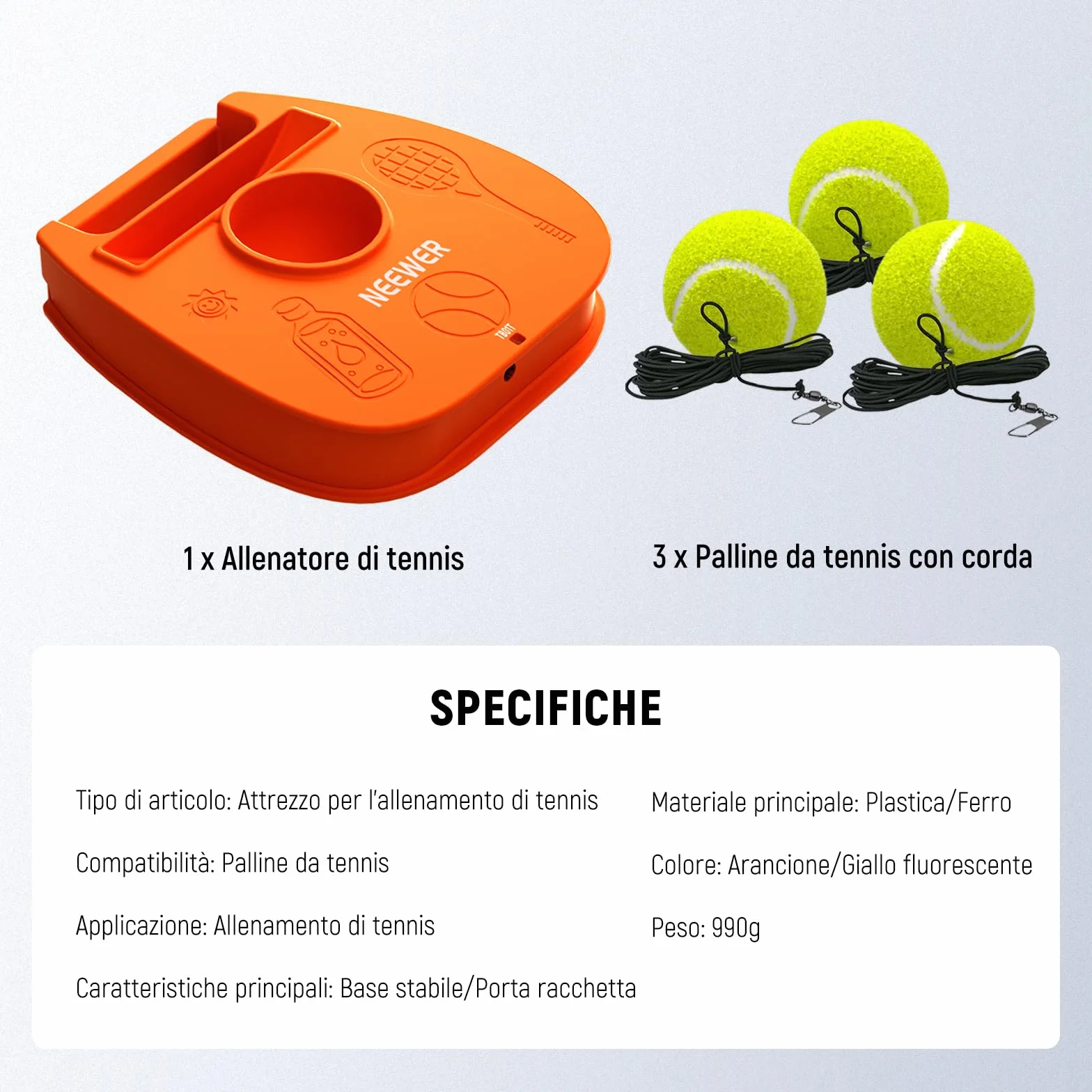 NEEWER Set di Palline da Tennis Portatili con Base in Ferro Antiscivolo, Supporto per Racchetta, 3 Palline con Corda Elastica, Rimbalzatore Allenamento Individuale per Adulti TB01Z