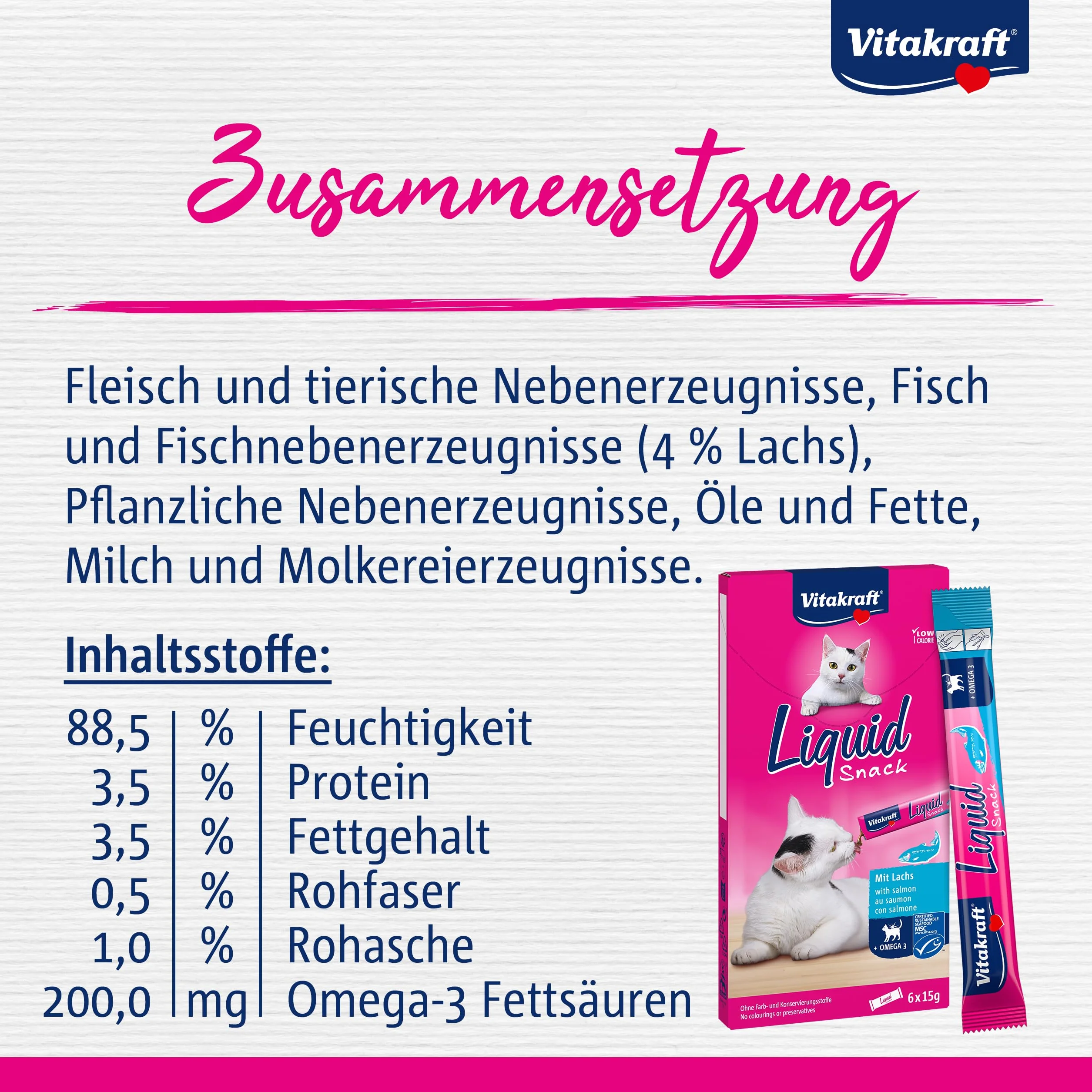 Vitakraft Liquid Snack gatto con salmone MSC omega 3 pelle sana 6x85g