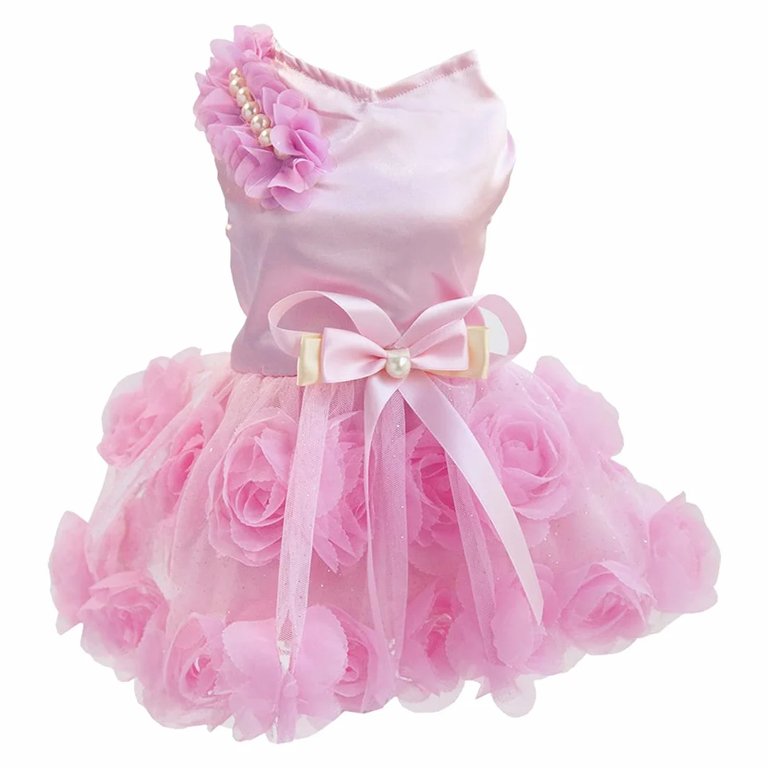 Cane Vestito di Lusso Cucciolo Gonna Vestiti per Cani Principessa Abiti da Sposa Abito da Sera Tutu Gonna Fiore Rosa Bowknot Vestito per Piccolo Cane