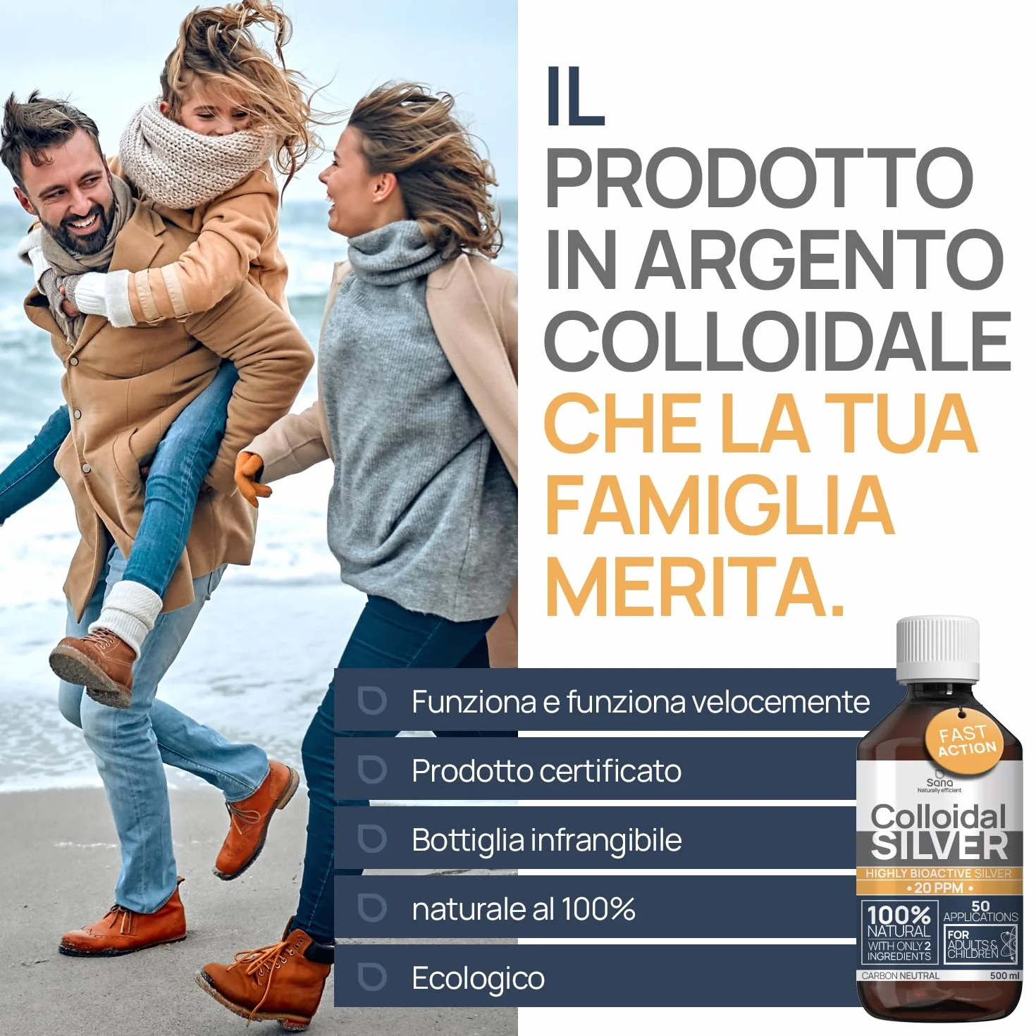 Argento Colloidale Puro 500ml 20 PPM | Per la famiglia & gli Animali (Cani, Gatti) | 100% Naturale : Certificato Cosmos Natural | Carbon Neutral