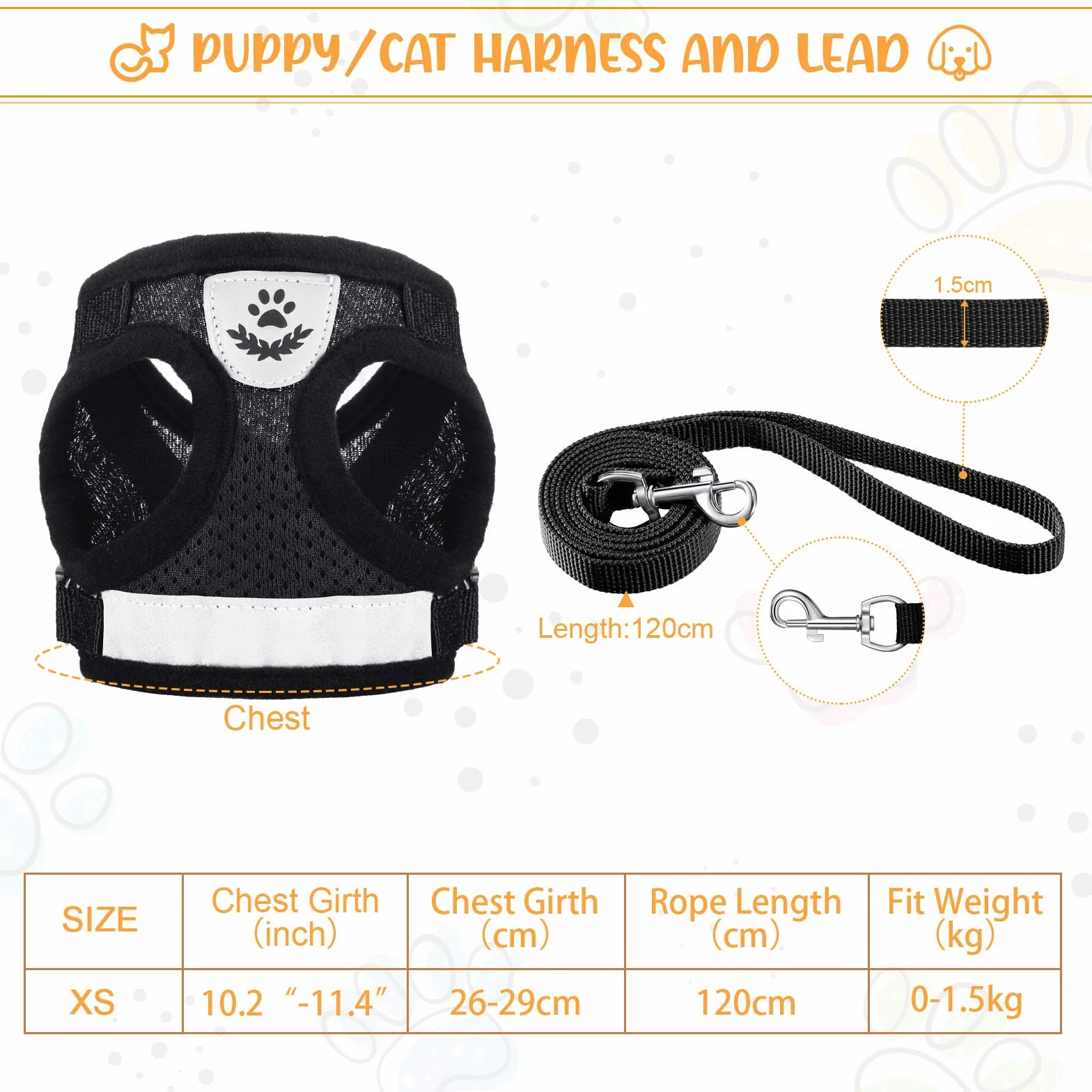 Set Pettorina e Guinzagli per Cuccioli/Gatti Imbracature per Gilet Regolabili in Maglia Morbida a Prova di Fuga Fascia Toracica in Rete Traspirante per Animale Passeggiate, XS (Nero)