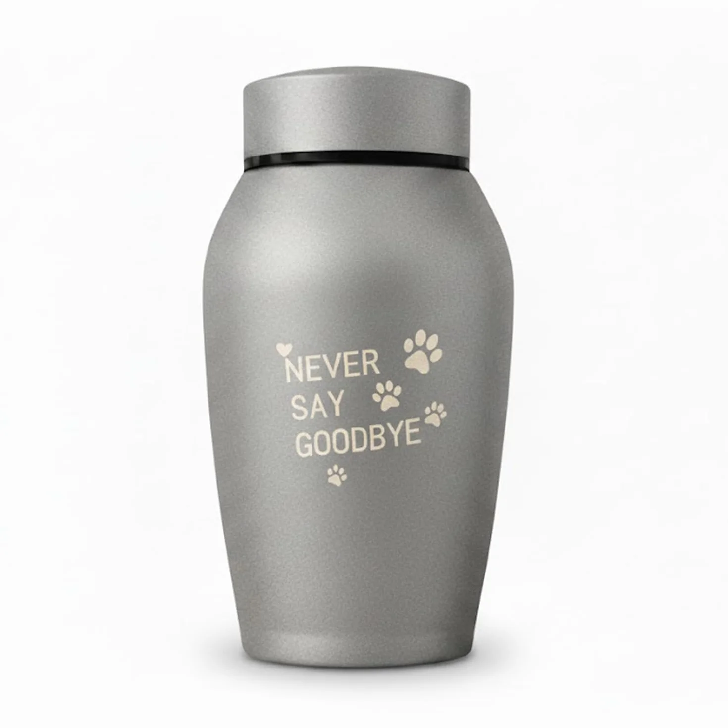 Urna animale in acciaio inox argento, 18 cm × 8,5 cm, urna per cane gatto animale domestico cenere, capacità 1 l, incisione Never Say Goodbye