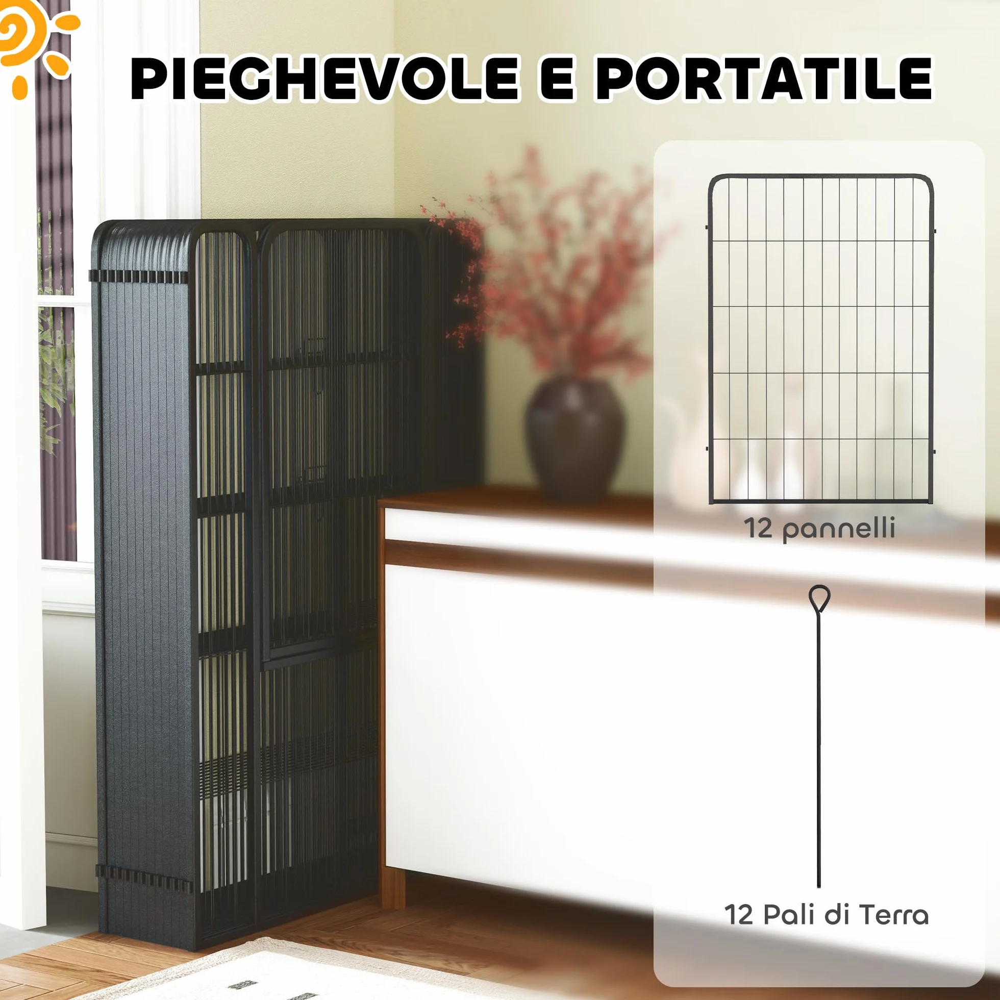 PawHut Recinto per Cani Pieghevole in Acciaio 68x100 cm 12 Pannelli Nero