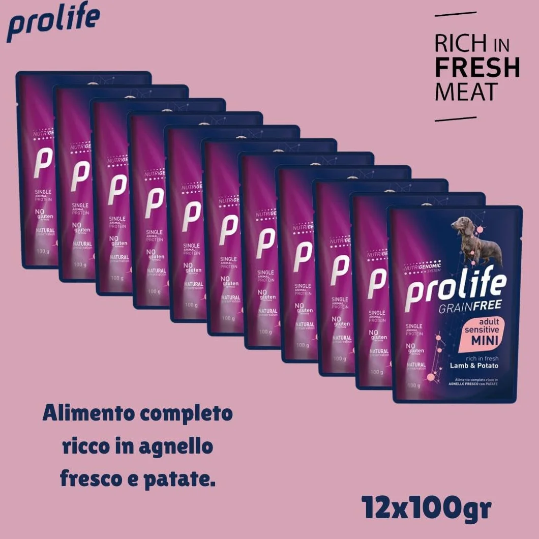 Prolife umido cane monoproteico sensitive grainfree (senza cereali) adult mini AGNELLO e PATATE | 12 bustine da 100 grammi l'una.