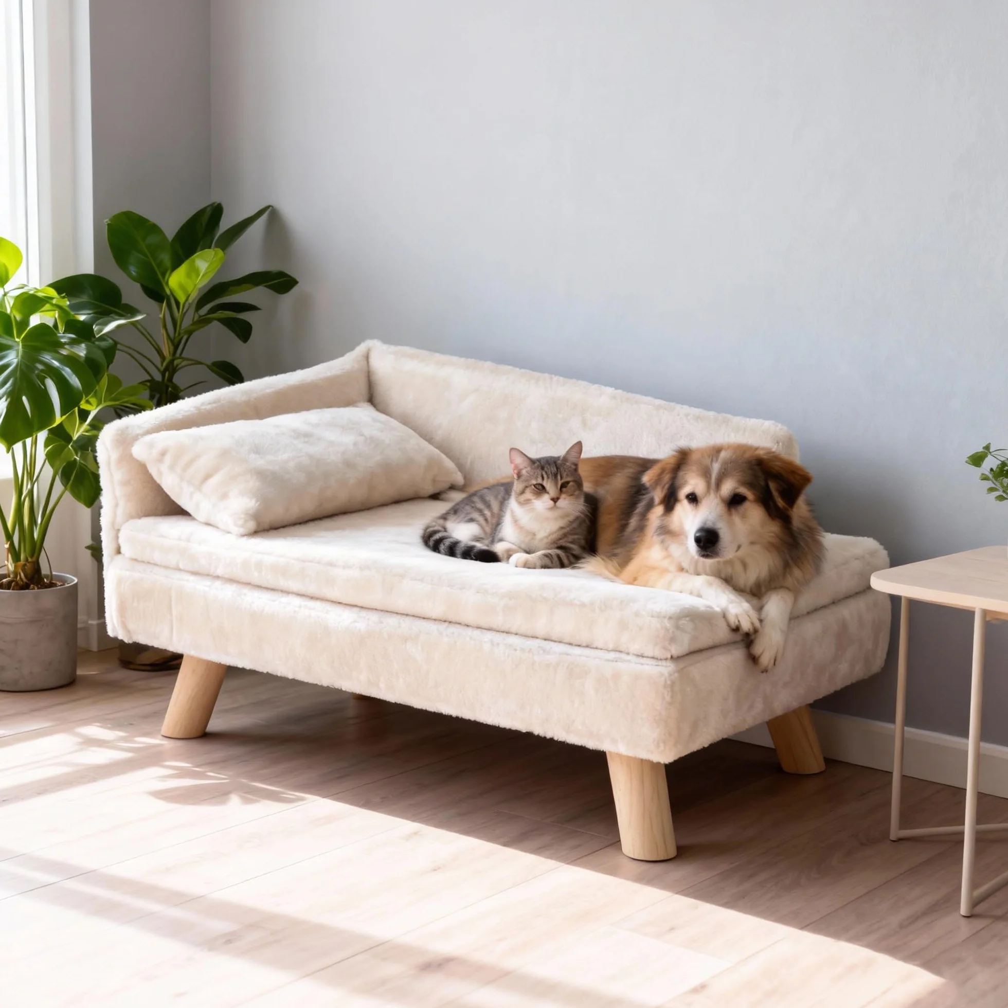 SOARS Divano per Cani con Schienale, Cuscino e Gambe in Legno, Letto per Cani di Media Taglia, Cuccia Rialzata, Divanetto per Animali Domestici, 71 x 43 x 40 cm, Beige