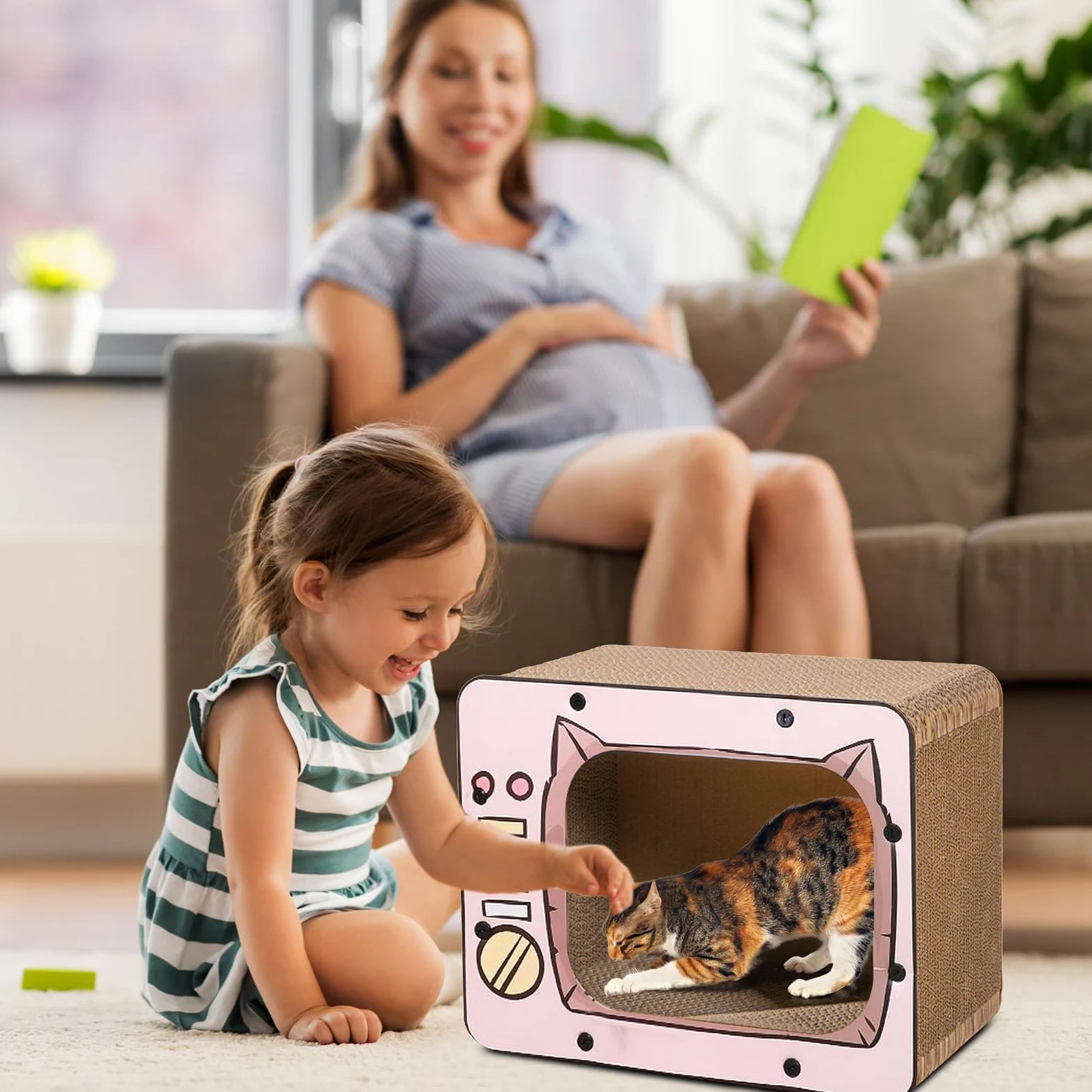 PETCUTE 3 in 1 Tiragraffi per Gatti Cartone,Graffiatoio in Cartone Ondulato Vintage,TV Radio a Forma di Graffiatoio per Gatti Cartone con Fondo Antiscivolo,per Proteggere Mobili,Rosa