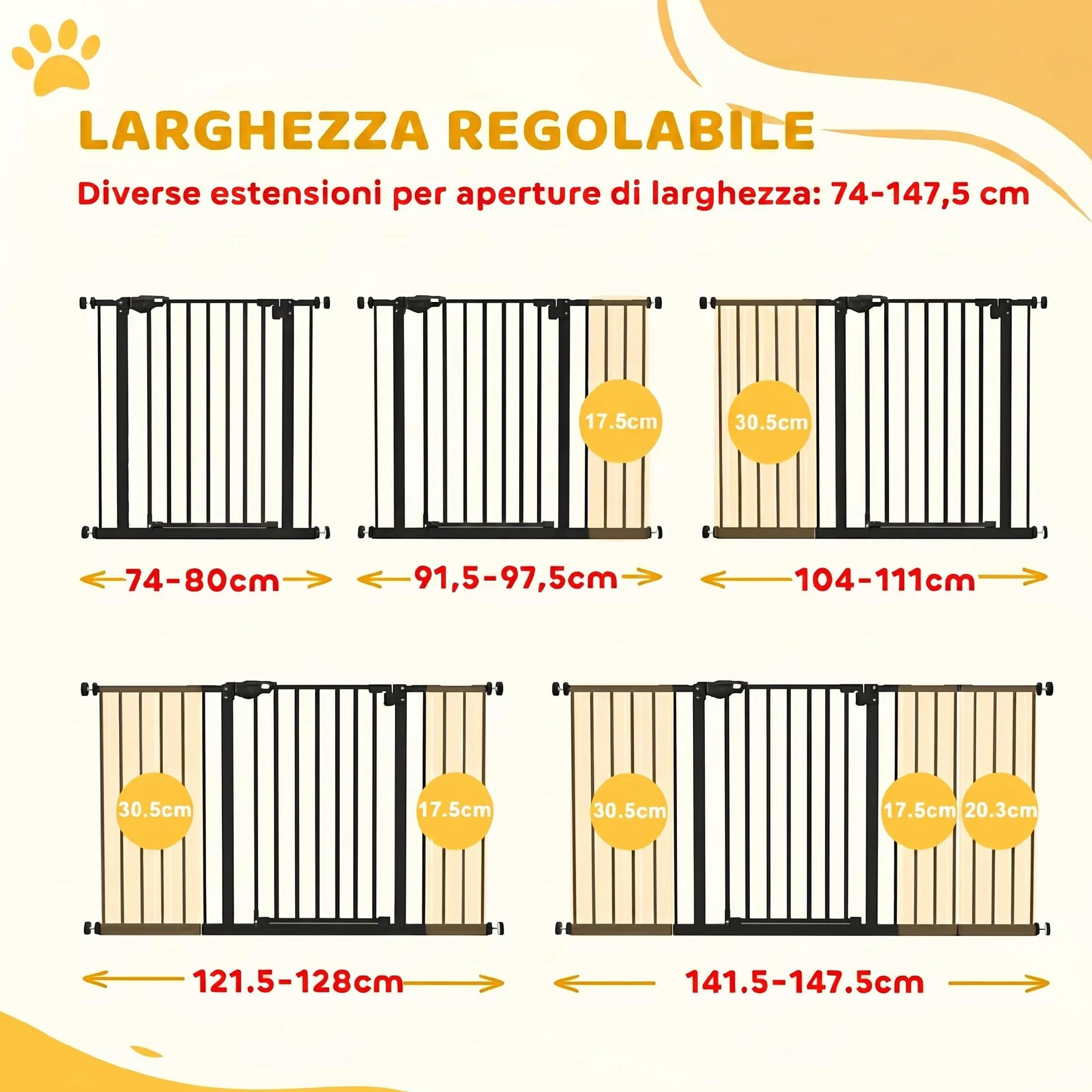 PawHut Cancellino per Cani 3 Estensioni Larghezza Regolabile 147.5 cm Fissaggio a Pressione Senza Fori Chiusura Automatica Nero