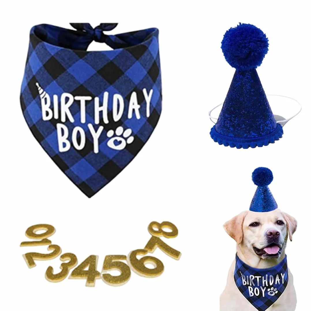 WUSJCOF Set Compleanno Cane 3 Pezzi, Bandana e Cappello con 8 Numeri Bling Adesivi, Regalo di Compleanno per Cani, Decorazioni per Festa di Compleanno Cane (Blu)