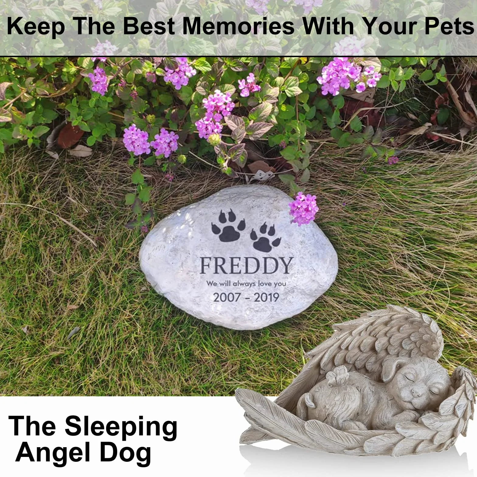 Statua Angelo Dormiente per Cane Gatto in Resina Commemorativa Giardino Casa (Grande cane)