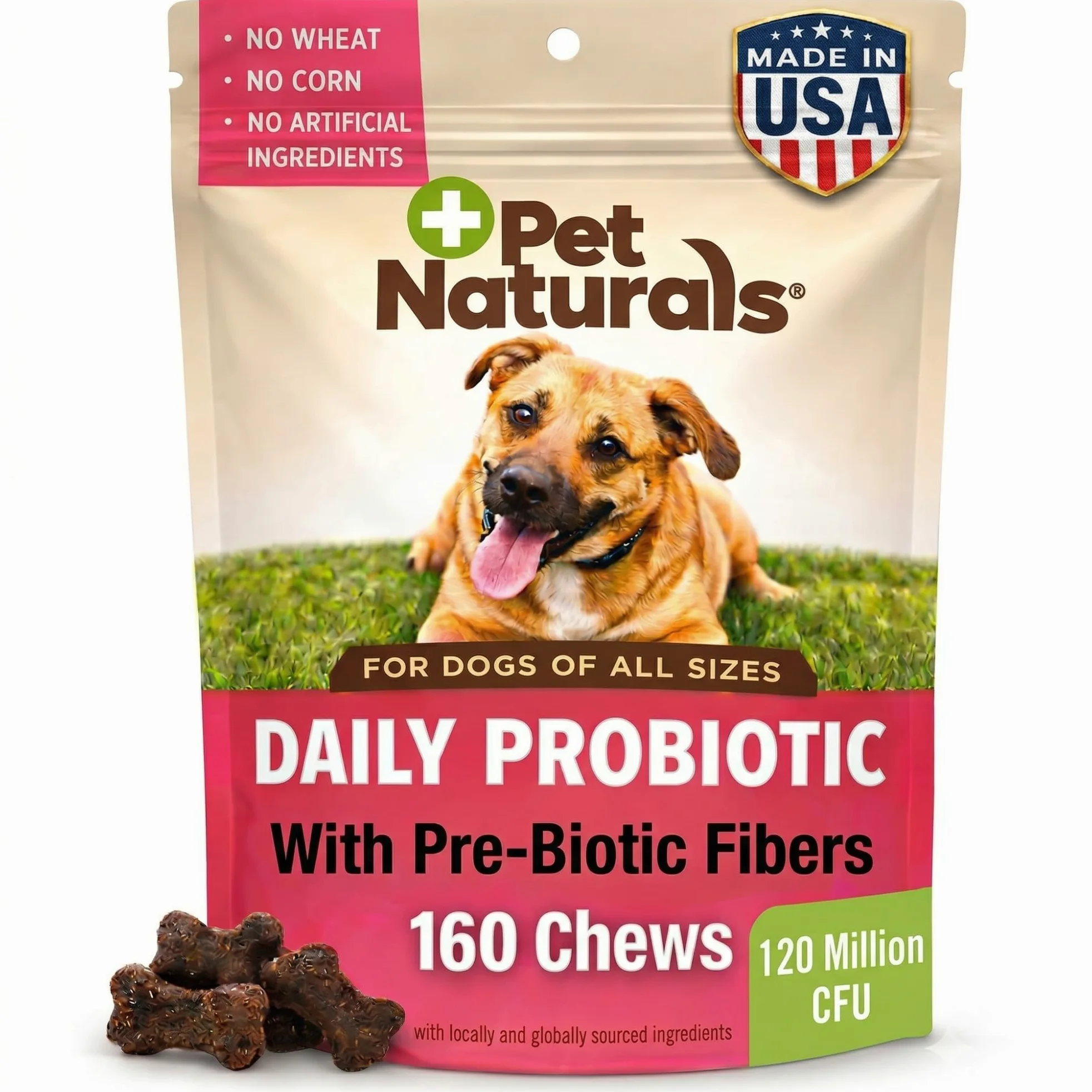 Pet Naturals Probiotico Giornaliero per Cani, Sapore di Anatra, 160 masticazioni - 120M CFUs Pre e probiotici per Cani Salute digestiva, Salute intestinale, Supporto immunitario, diarrea, allergie e