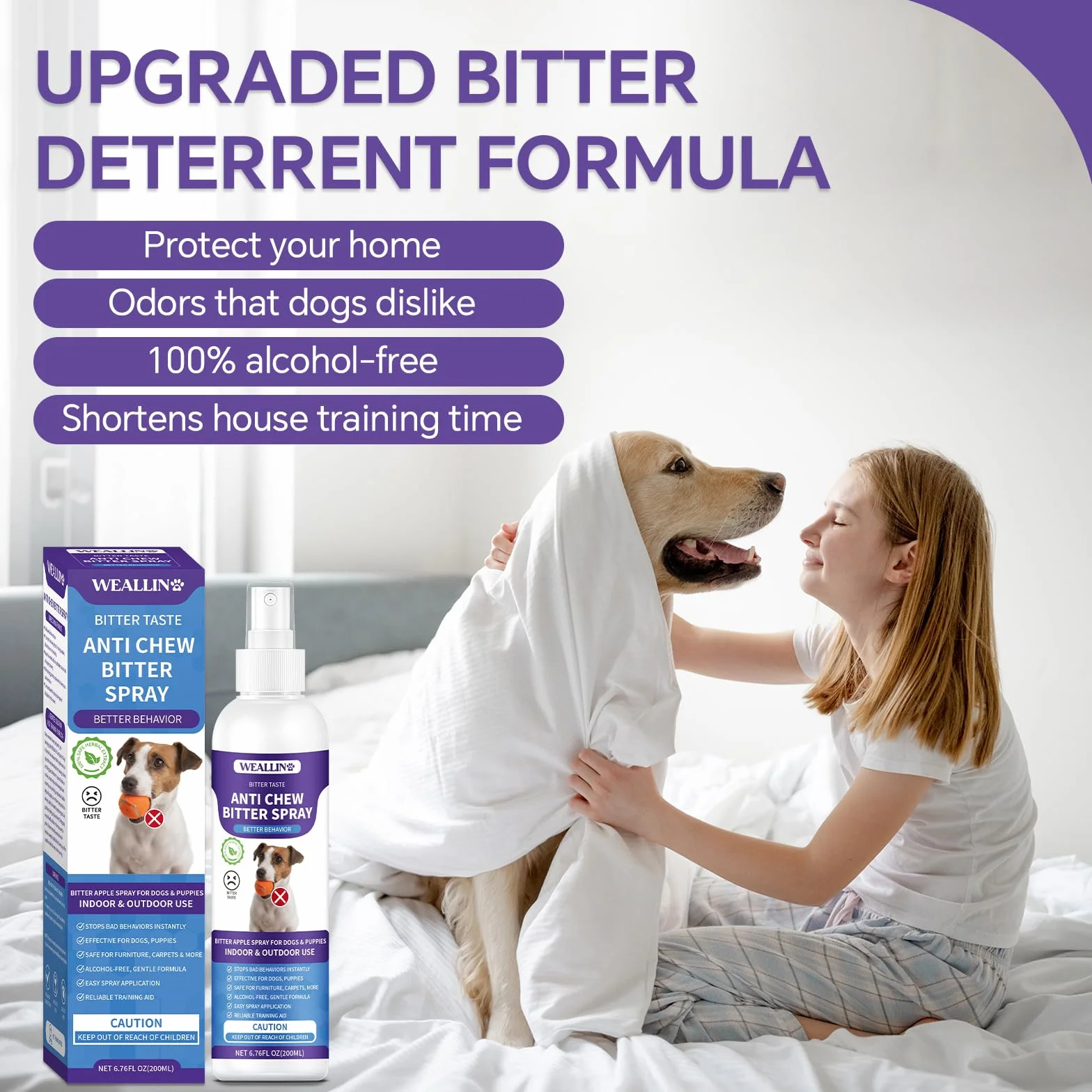 WEALLIN Spray Repellente per Cani, 200ml Repellente per Cani, Spray Anti-Masticatore, Spray Amaro per Cani per Mobili & Giardino, Sicuro per Uso Interno ed Esterno