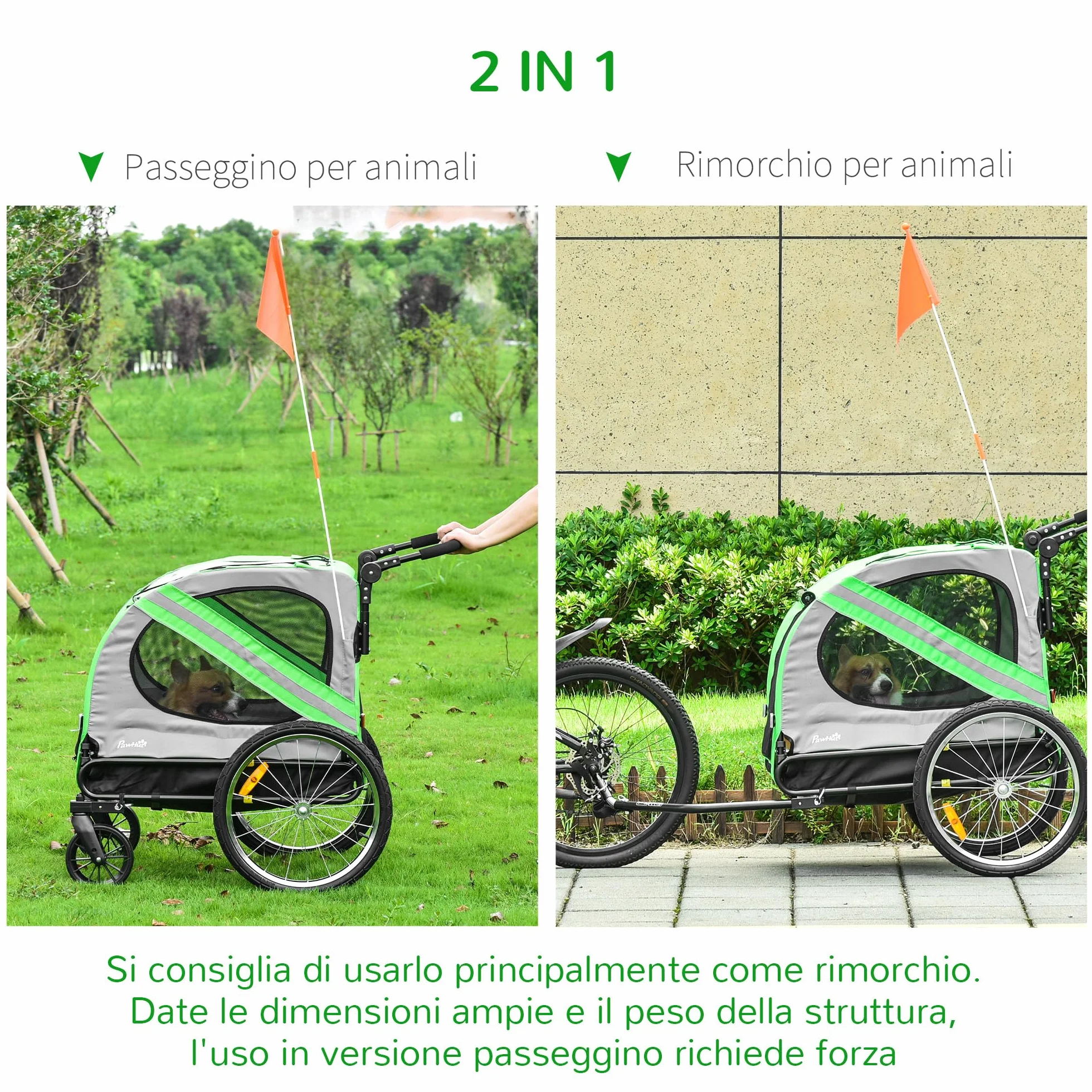PawHut Rimorchio Bici e Passeggino per Cani 2 in 1, Carrello Bici in Acciaio e Tessuto Oxford con Catarifrangenti e Bandierina