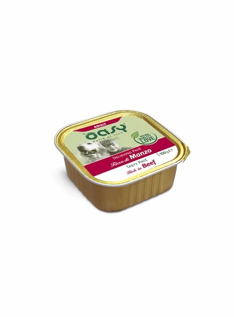 Oasy delizioso patè per cani adulti di tutte le taglie, gusto MANZO | 11 vaschette da 150 grammi l'una.