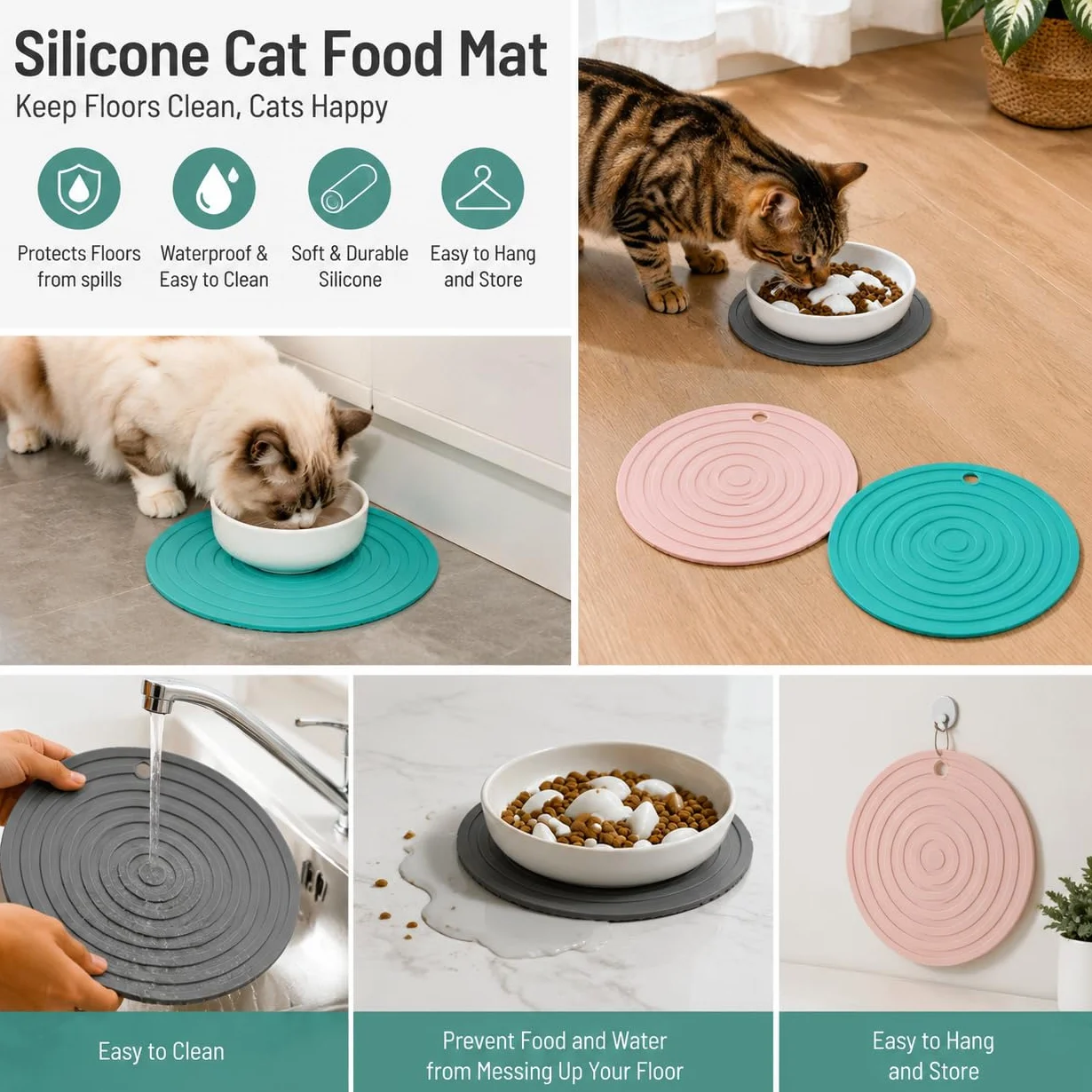 Tappetino Sottociotola per Cani e Gatti, Set 3 Pezzi in Silicone Antiscivolo Impermeabile, 2 x 16 cm e 1 x 18 cm, Base per Ciotole Cibo Acqua, Protezione Pavimento per Casa Viaggio e Campeggio