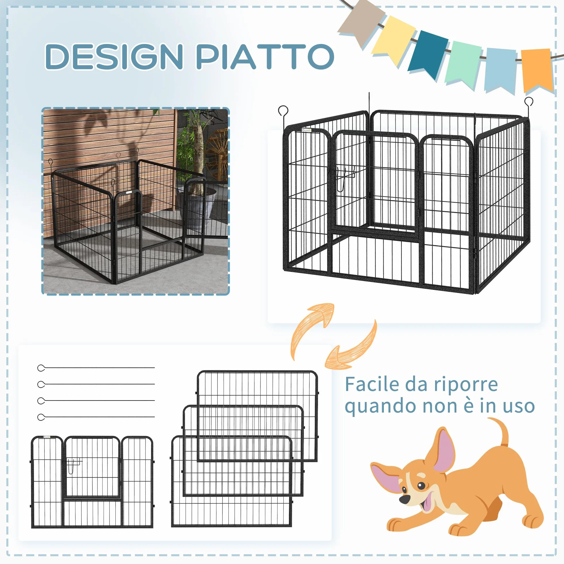 PawHut Recinto per Cani Pieghevole in Metallo, per Interno ed Esterno con Porta con Catenaccio e Picchetti, 82x82x60cm Grigio