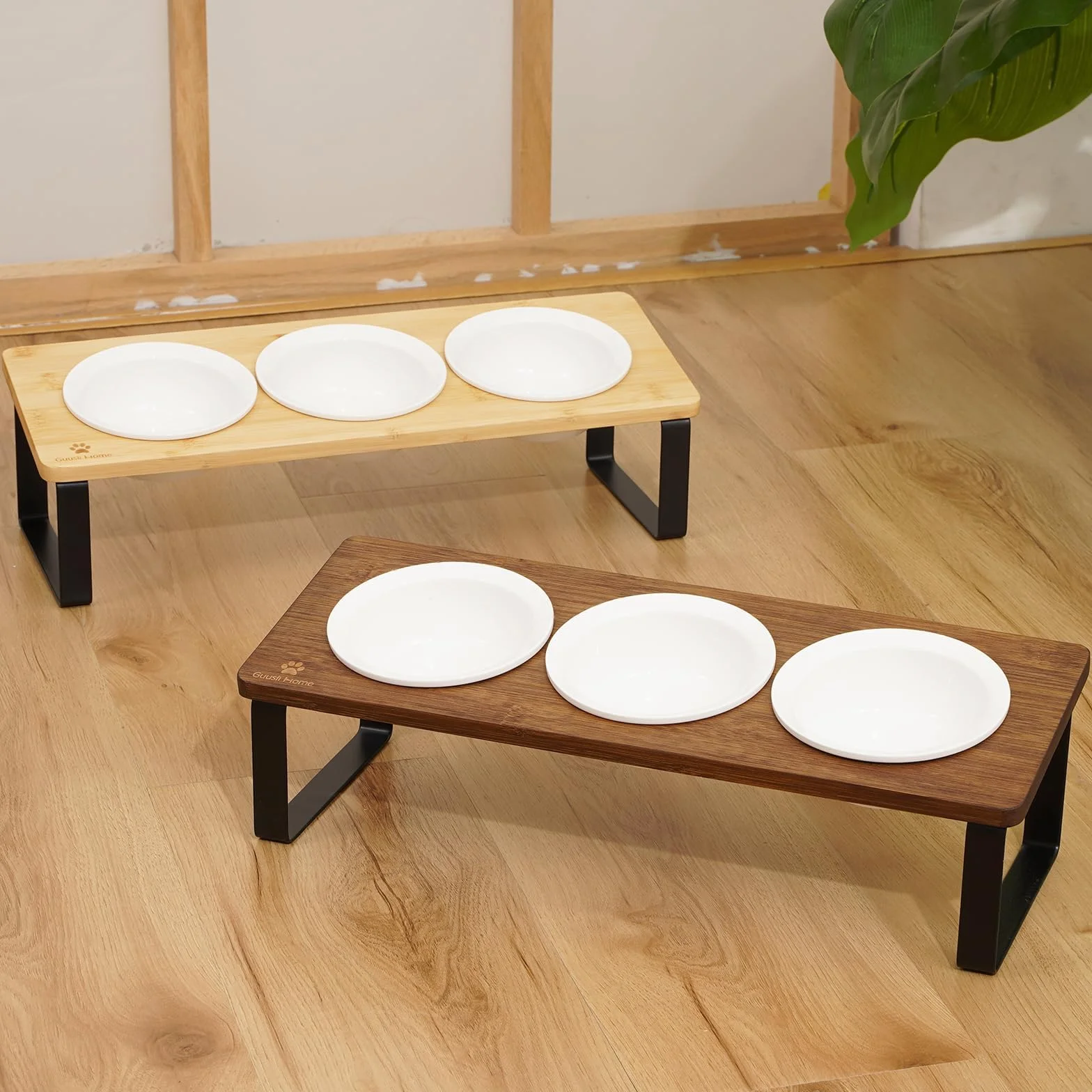 GUUSII HOME Ciotole per Gatti Rialzate 3 in 1 Ciotola Gatto Legno Ceramica 15° Inclinate Set di 3 Ciotole per Alimenti Ø12cm con Supporto in Bambù Inclinato Antiribaltamento
