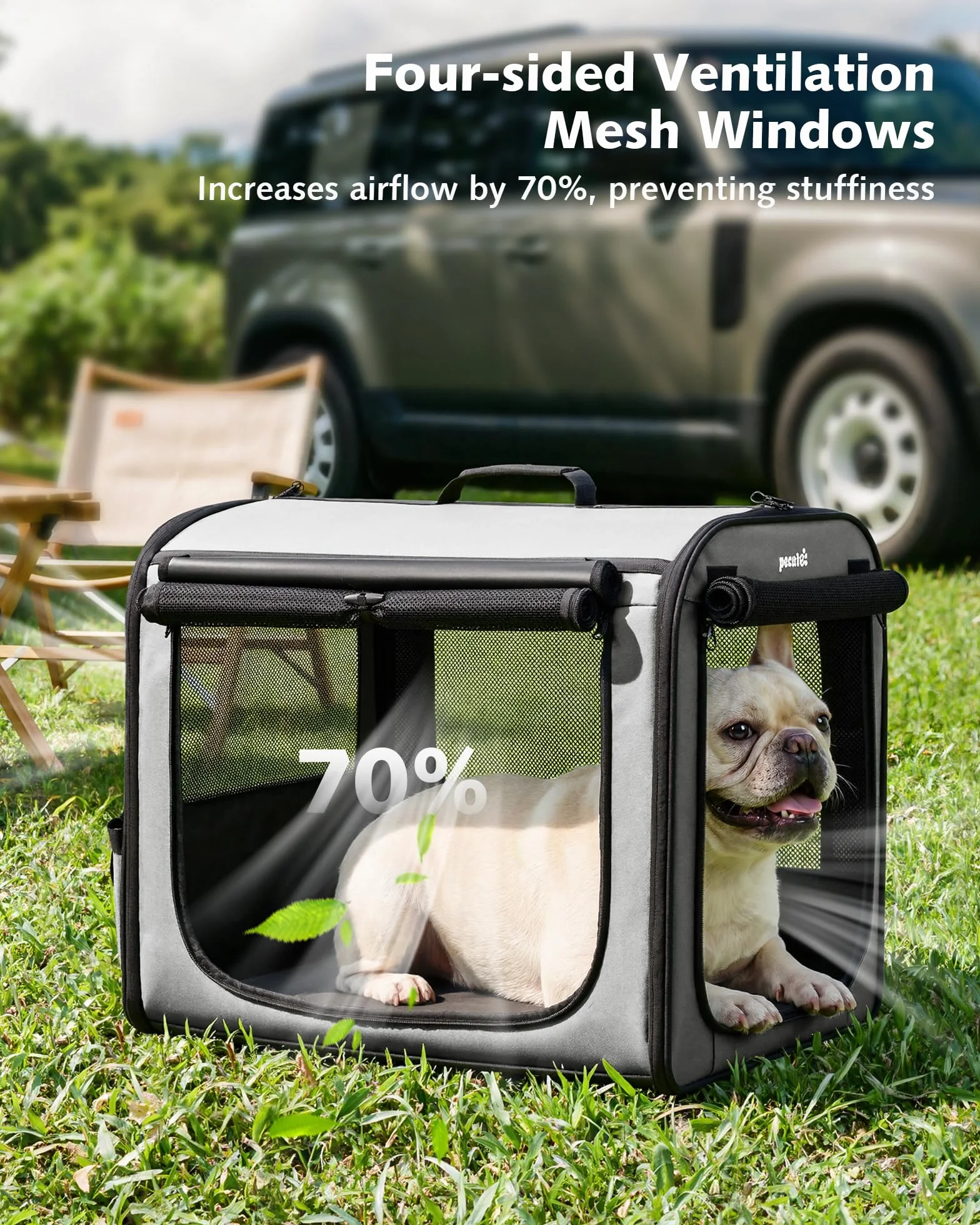 Pecute Trasportino Cani Stabile Leggero, per viaggi e auto, Portatile Con Finestre Traspiranti, Pieghevole Per Animali Domestici, Uso Interno Esterno, 61×45×52 cm, Grigio