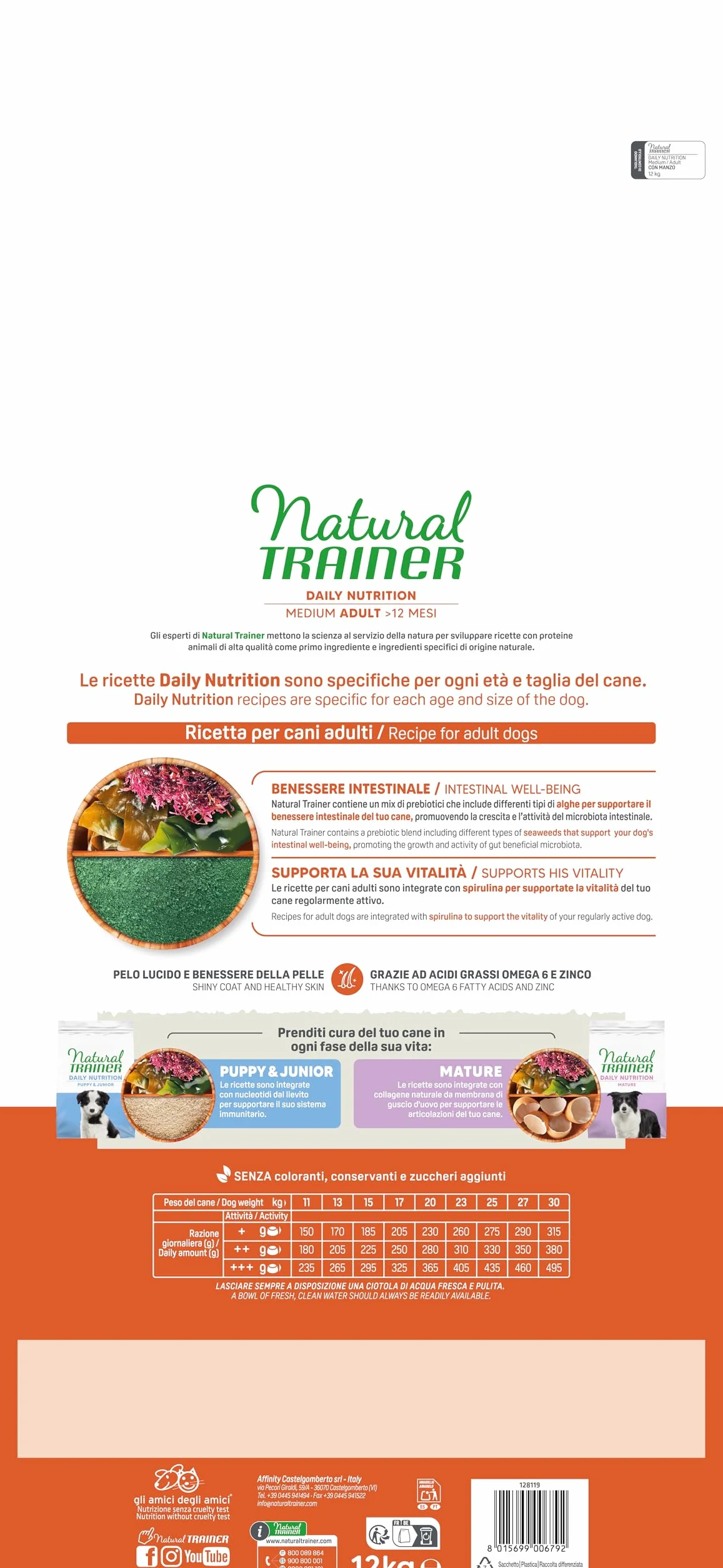 Natural Trainer Medium Cibo per Cani Adulti con Manzo 12kg