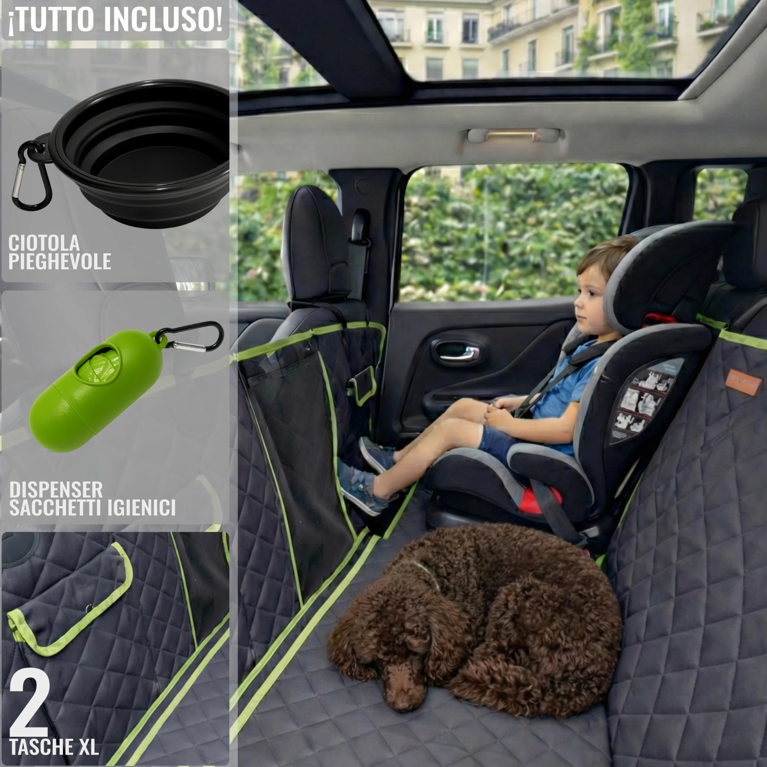 Telo Cane Auto Sedili Posteriori 6-in-1 | Telo Macchina per Cani Impermeabile 600D, Copertura Sedili Auto per Cani Universale con Finestra a Rete, Protezione Laterale