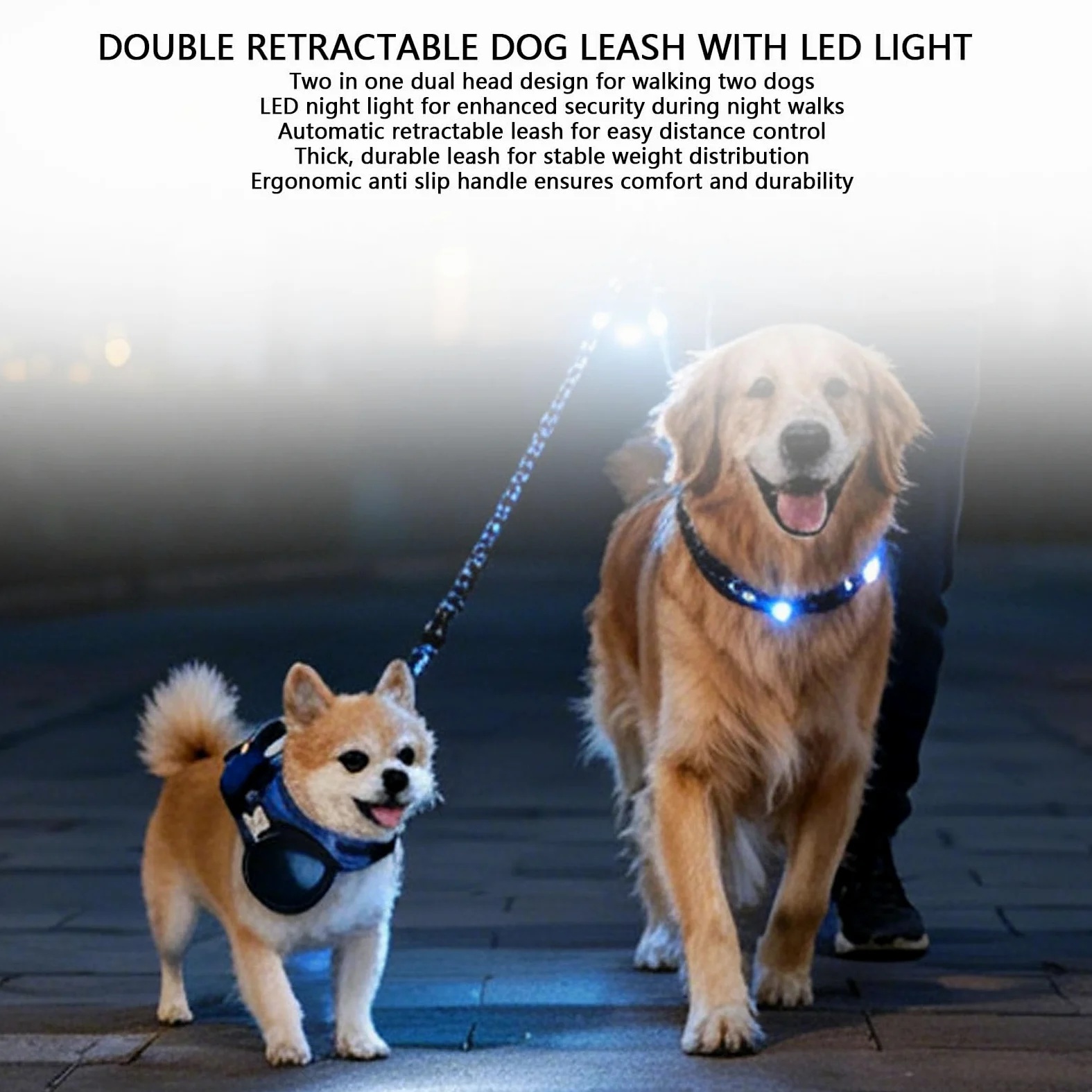 Generic Guinzaglio Doppio Retrattile per Animali Domestici, Luce LED Senza Torsione Regolabile per Due Cani Che Camminano (Versione a batteria blu)