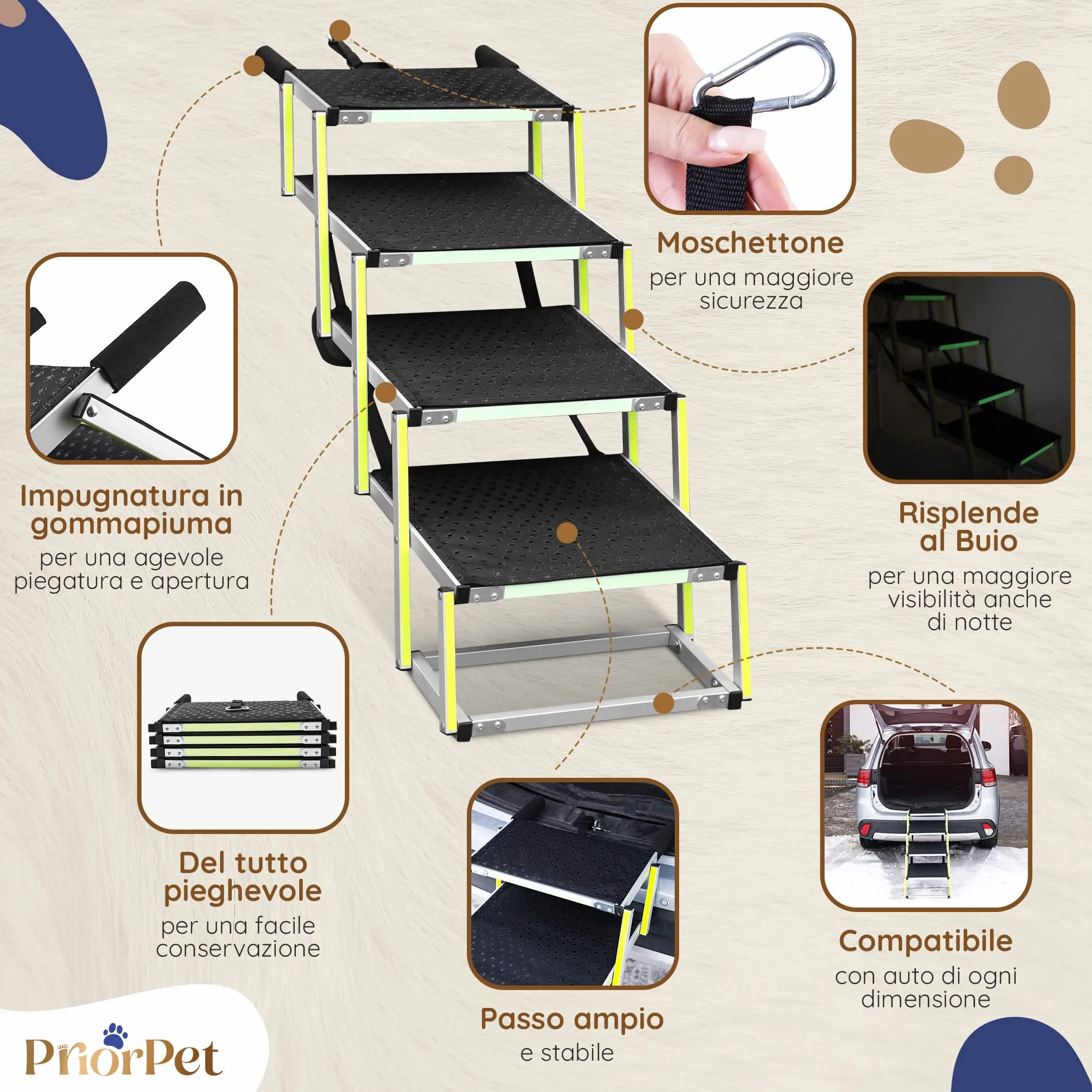 PRIORPET Rampa per Cani Pieghevole 4 Gradini Antiscivolo Riflettente 77 kg