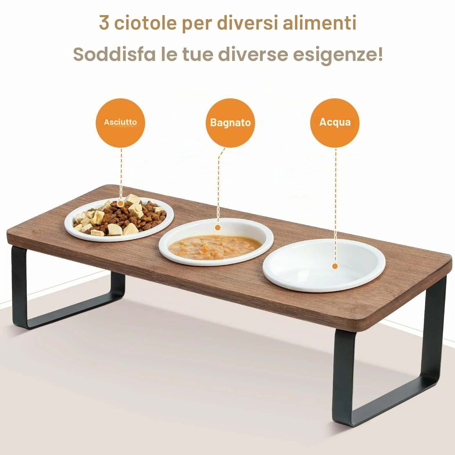 GUUSII HOME Ciotole per Gatti Rialzate 3 in 1 Ciotola Gatto Legno Ceramica 15° Inclinate Set di 3 Ciotole per Alimenti Ø12cm con Supporto in Bambù Inclinato Antiribaltamento