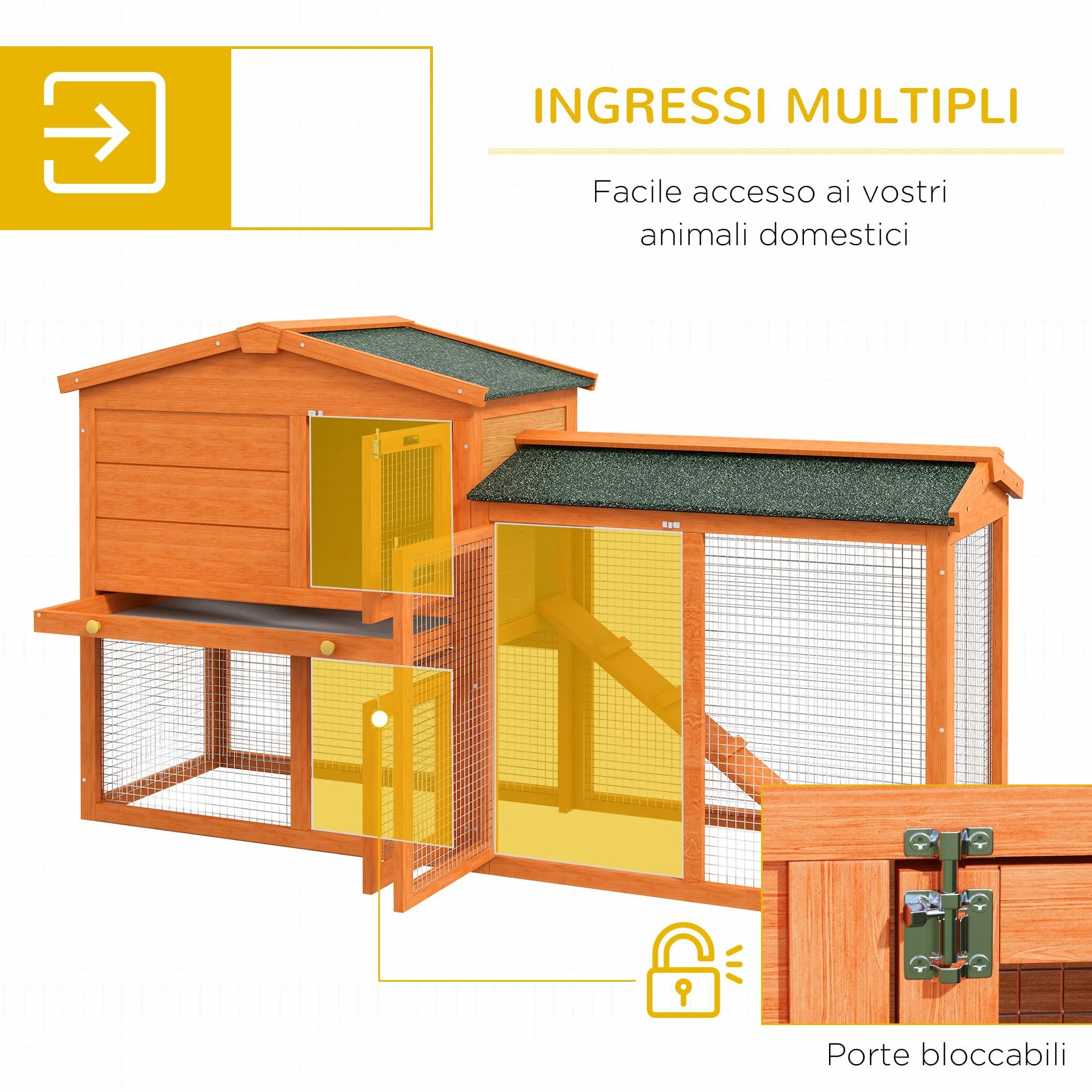PawHut Conigliera a 2 Piani da Esterno, Gabbia per Animali Domestici in Legno di Abete e Filo di Metallo, 150x45x85 cm, Arancione