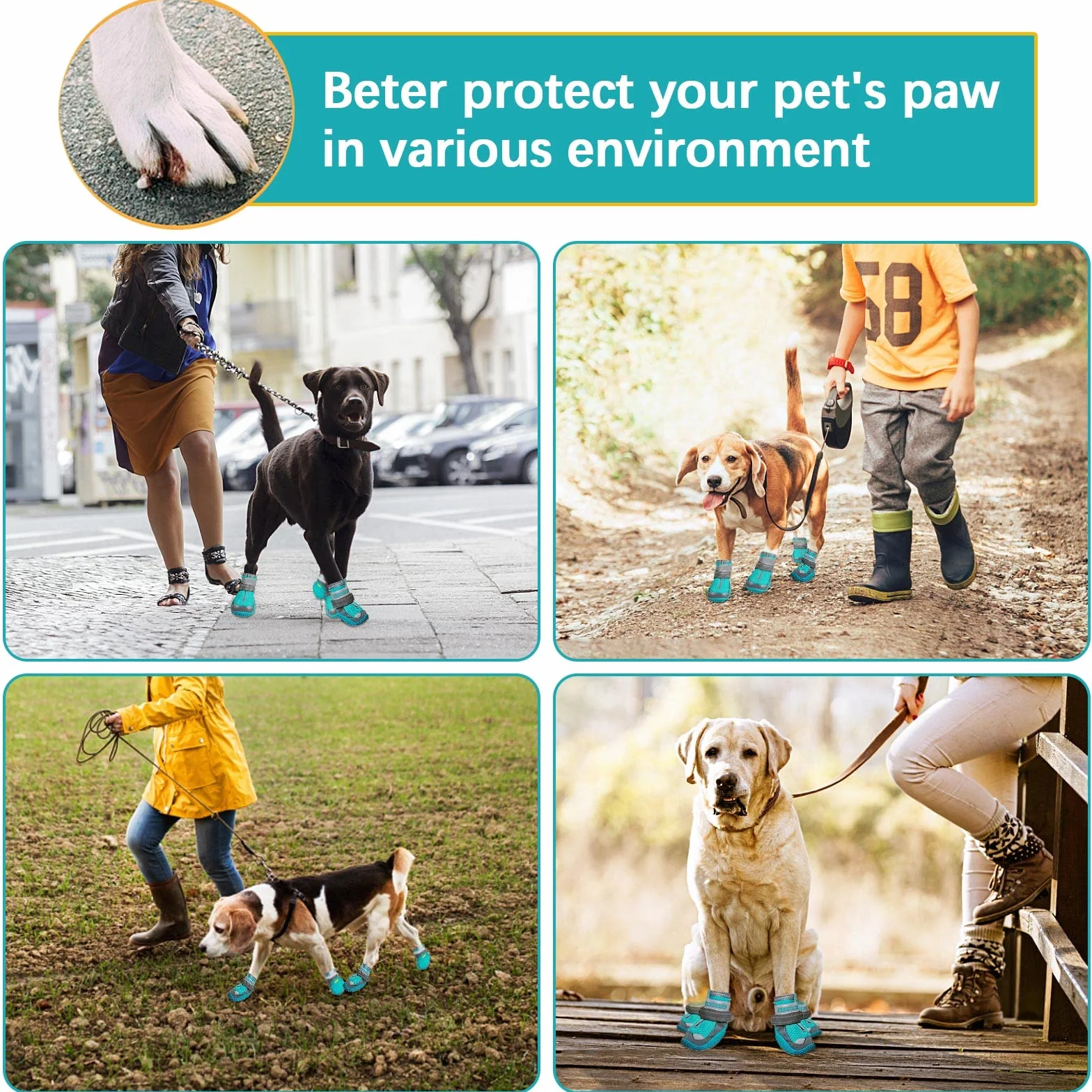 Stivali per Cani 4pcs Scarpe Traspirante Antiscivolo con Cinghie Regolabili Riflettenti Piccola Media