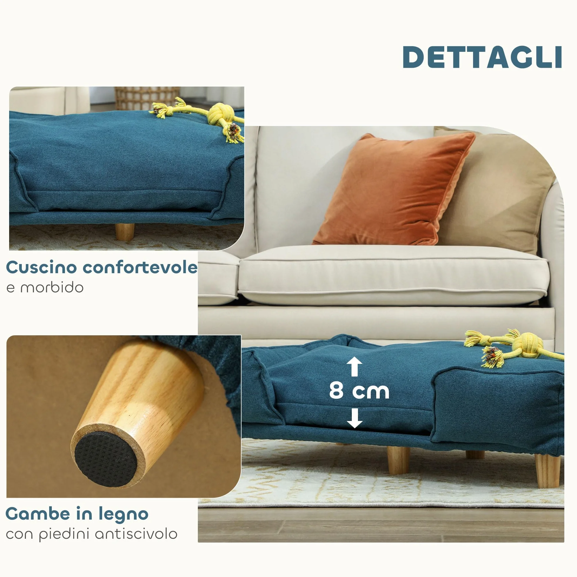 PawHut Divano per Cani Grandi Fino 30 kg, Cuccia Lettino Rialzato per Animali da Interno con Cuscino Rimovibile, 96x66x24 cm, Blu
