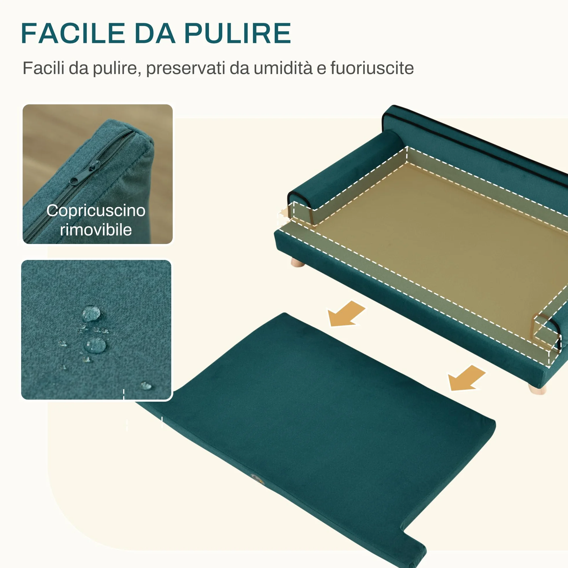 PawHut Divano per Cani Grandi con Imbottitura e Rivestimento Morbido, Cuccia per Cani con Rivestimento Lavabile e Gambe in Legno, Verde Scuro