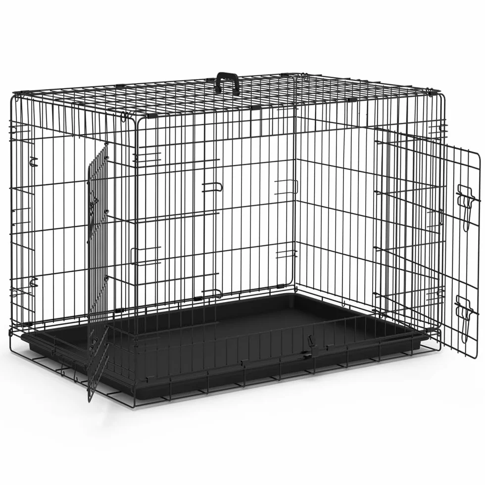 VOUNOT® Gabbia per Cani Pieghevole in Metallo, Cassetta per Trasporto Scatola Trasportino Cani con 2 Porte, Vassoio Rimovibile, 107x70x78cm, Nero