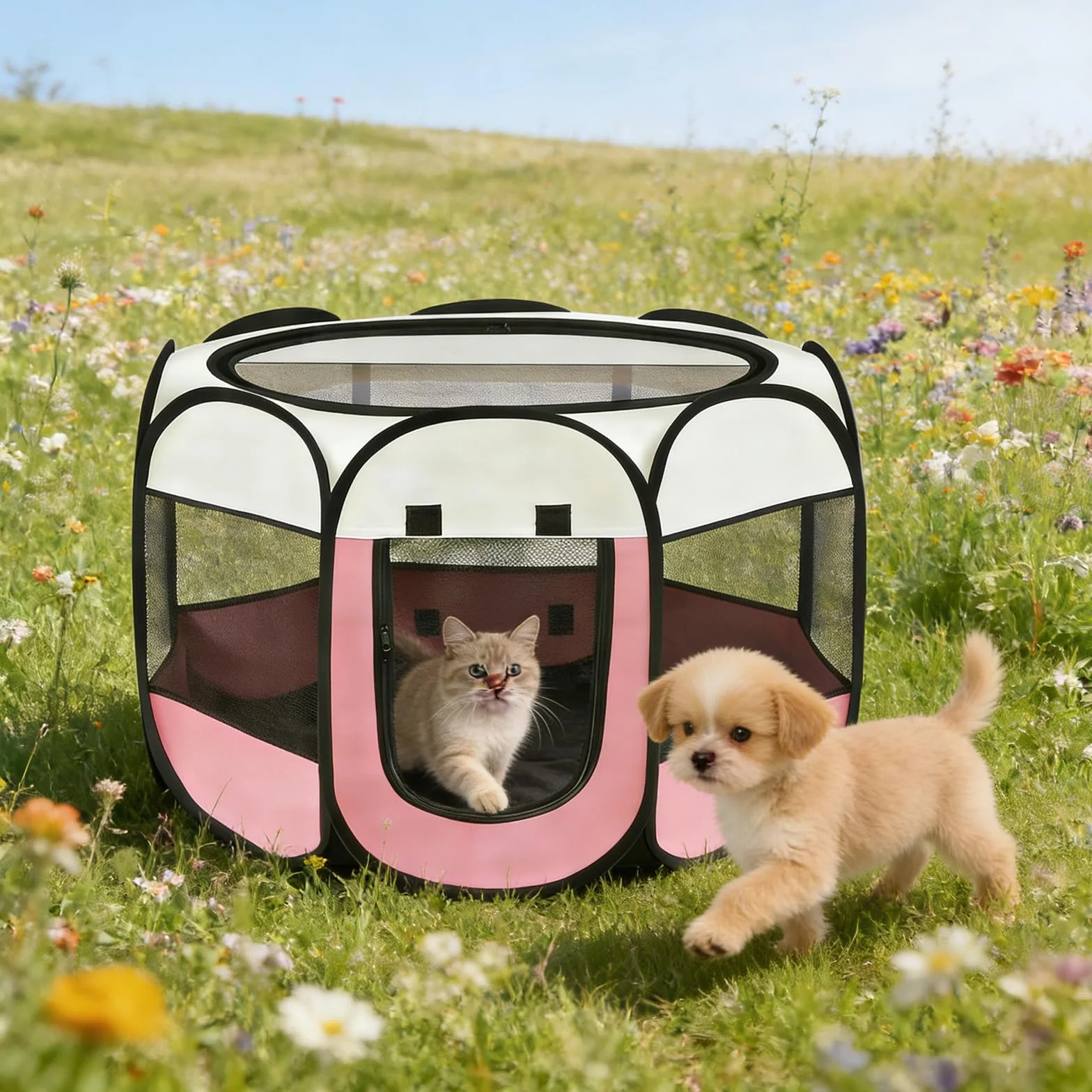 Recinto per Cani da Interno, 74x74x43cm Gabbia per Gatti recinto per conigli da interno kennel cane piccolo Box Pieghevole per Cane, Gabbia per Gatto Esterno (rosa + bianco crema, 74x74x43cm)