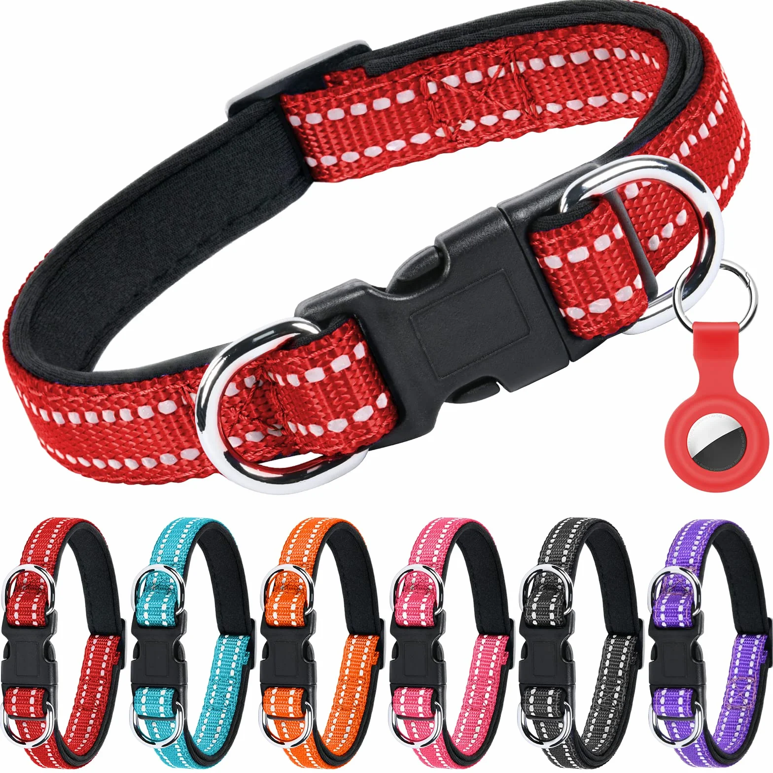 AUAUY Collare Cane, Collare per Cani in Nylon Riflettente, Regolabile Collari, Anello Doppia D, Fibbia Staccabile, Morbido e Imbottito, per Cani di Taglia Piccola, Media e Grande (Rosso-S)