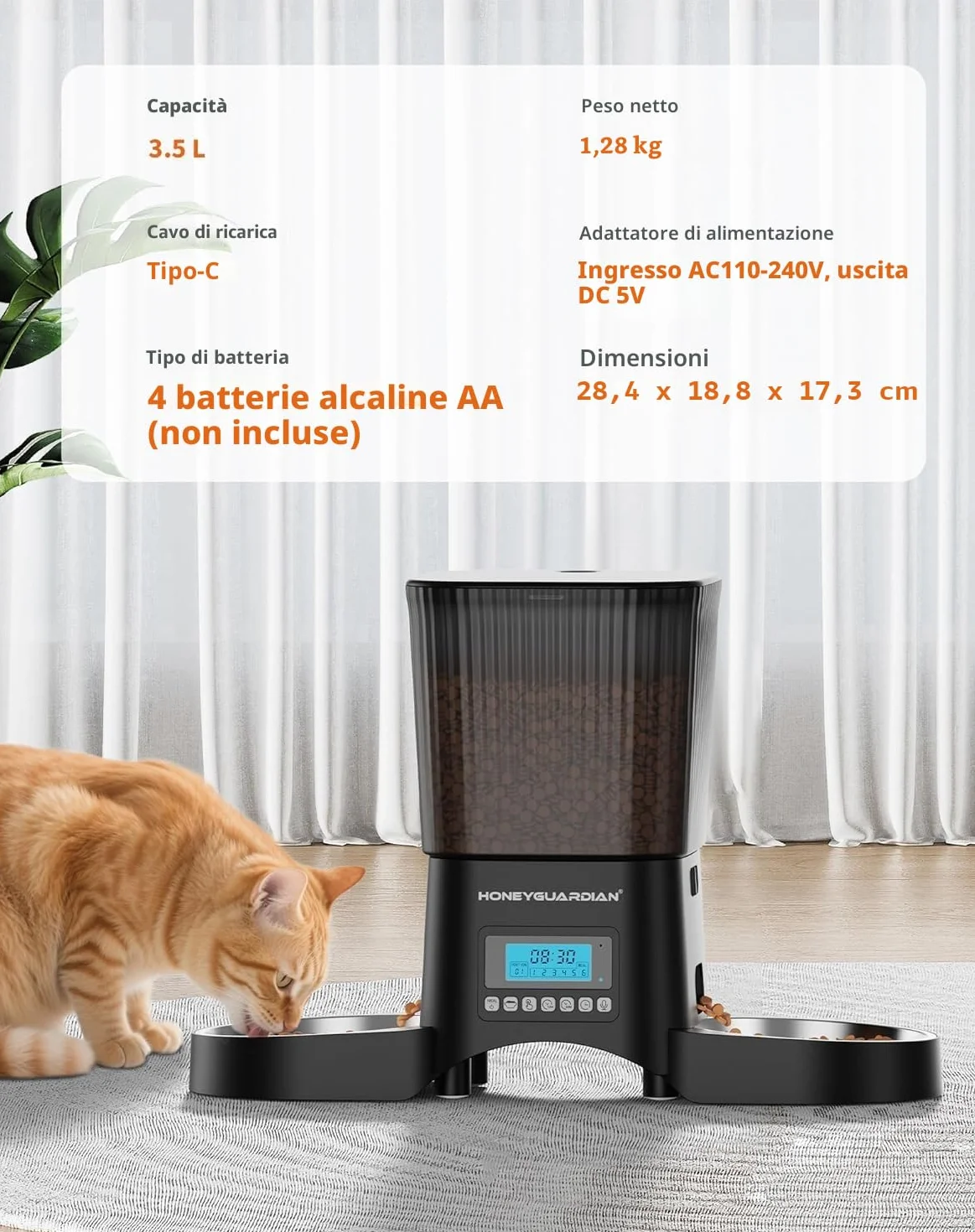 HoneyGuaridan Distributore Automatico Cibo Gatti, 3.5L Dispenser Crocchette Gatto con 4 ciotole, Programmable Porzione(6 Pasti/Giorno), Avviso vocale per i pasti, piedini antiscivolo
