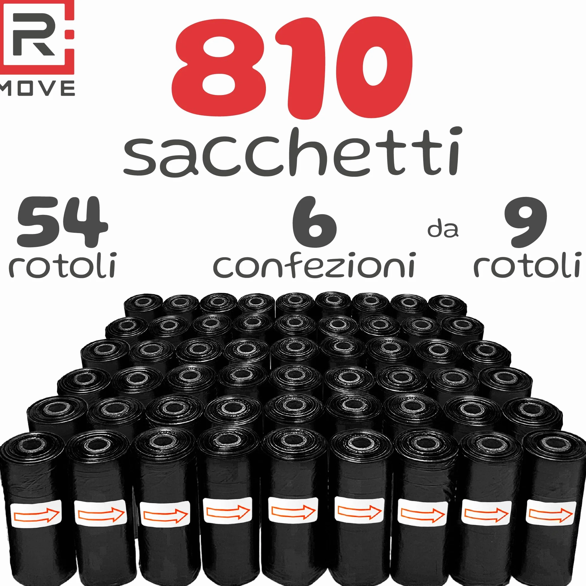 R MOVE Sacchetti Cane Cacca 810 pz (54 Rotoli) - Sacchettini Igienici per Cani, bustine per cani, dog poop bags resistenti antiforatura, 30x23 cm 2,5 Litri compatibili con tutti i porta rotoli