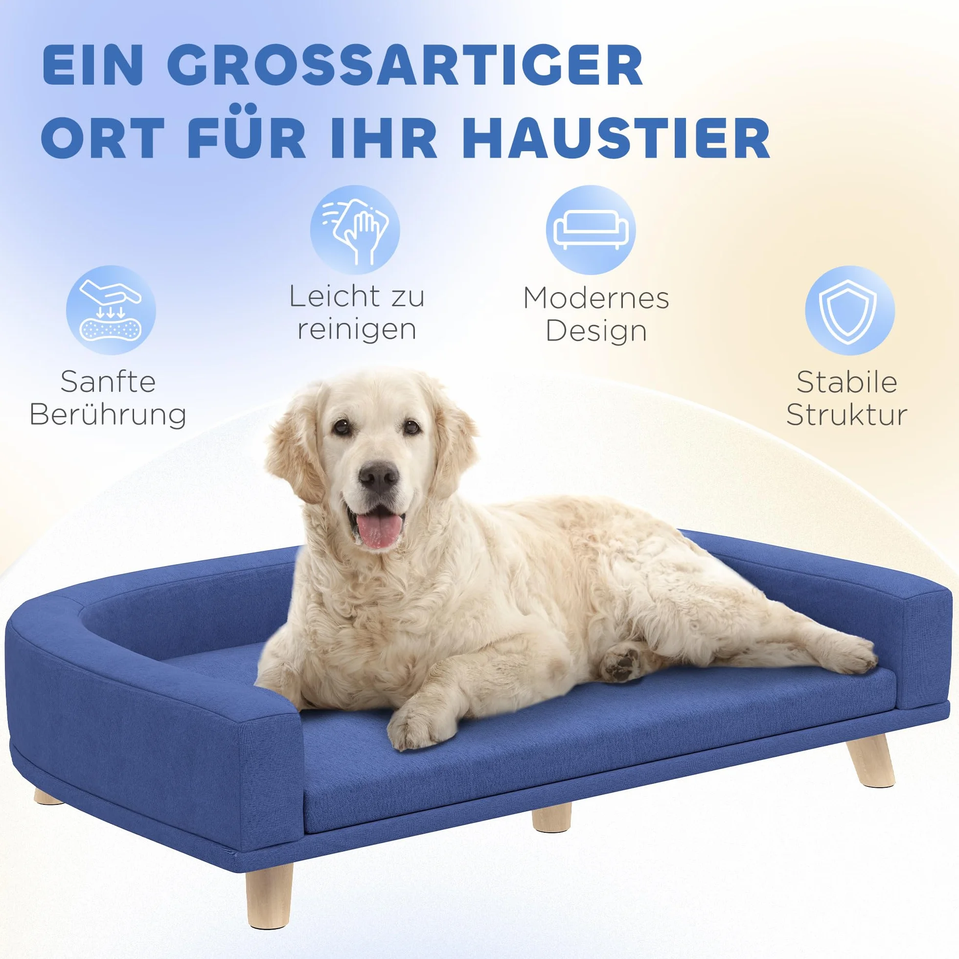 PawHut Divano per cani con gambe in legno, lavabile, con cuscino, per cani di taglia grande, 98 x 67 x 25 cm, blu