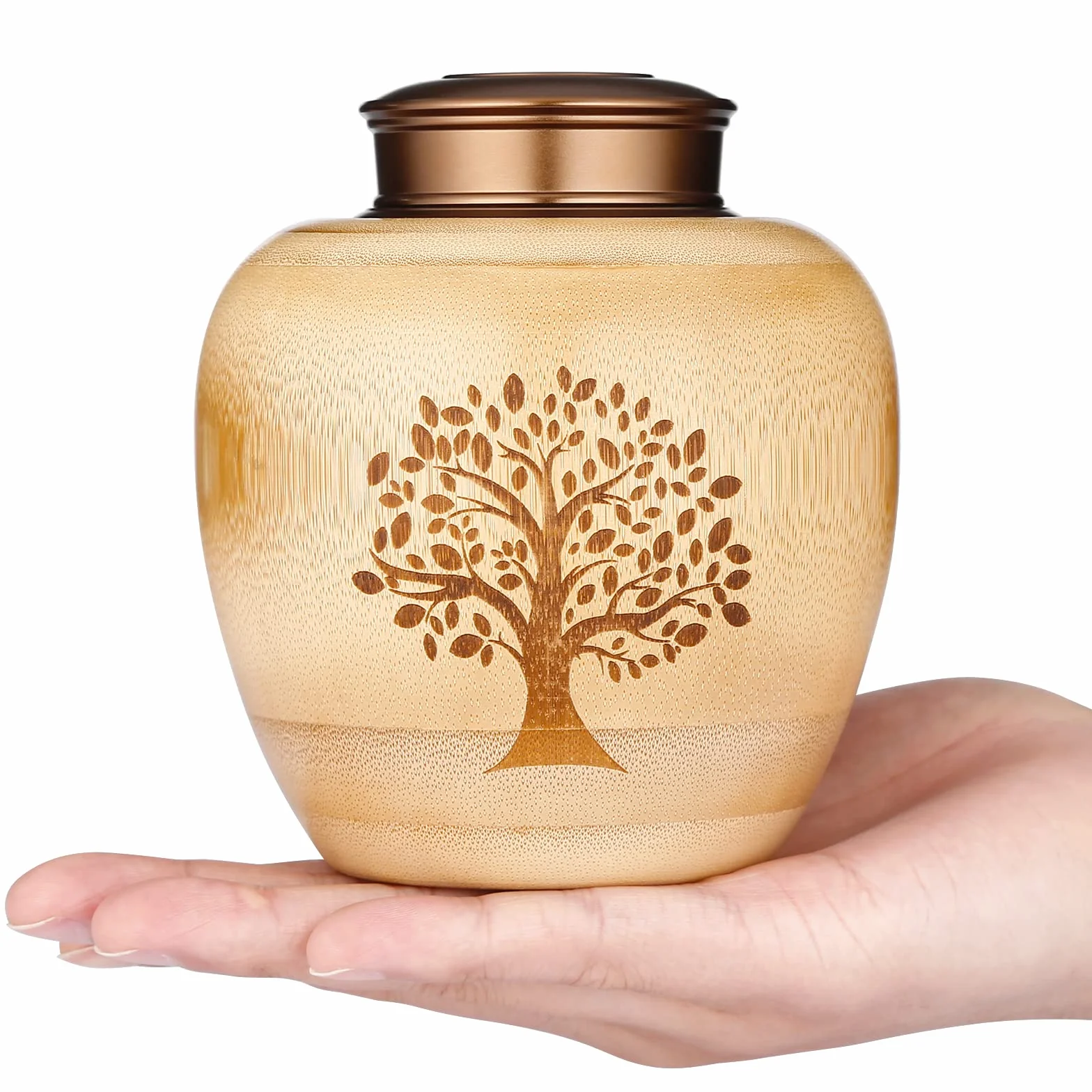 Piccole urne per cenere umana o animale domestico in bambù,Piccole urne souvenir con albero della vita incisa,Piccola urna funerale per cenere umana
