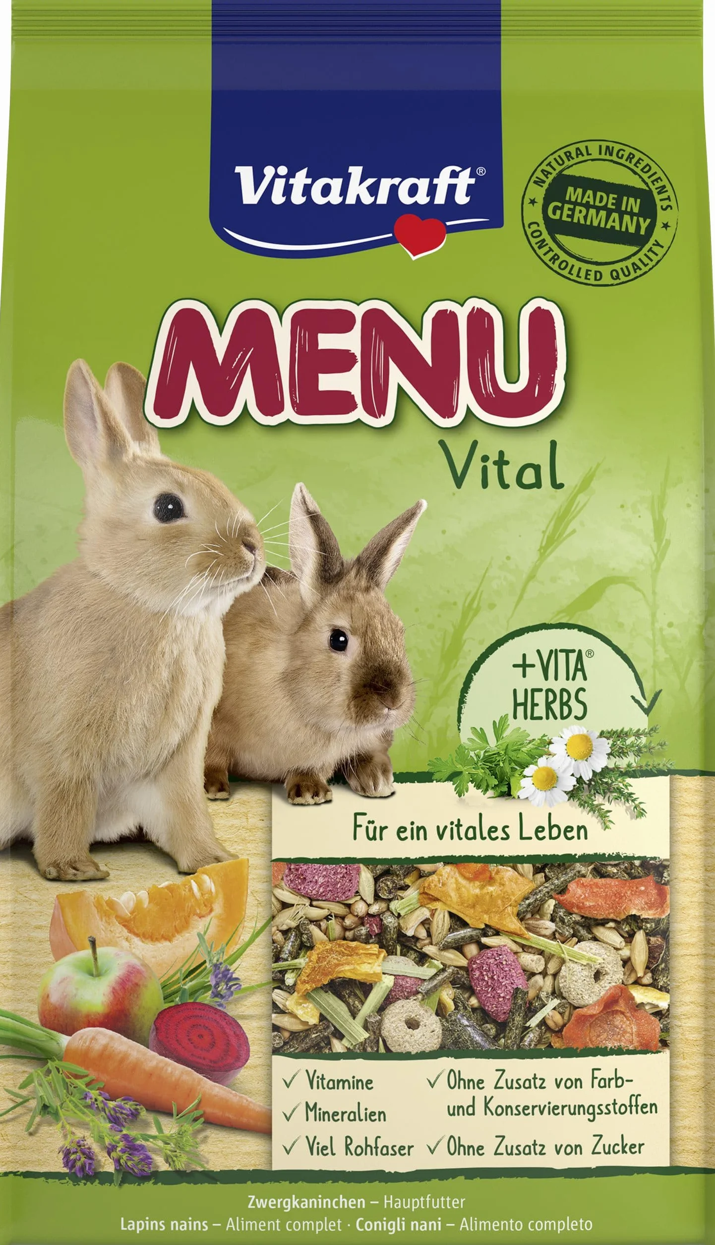 Vitakraft Menu Vital, alimento completo per conigli nani, con erbe aromatiche e verdura, ricco in fibra grezza, senza zuccheri aggiunti (1x 1kg)