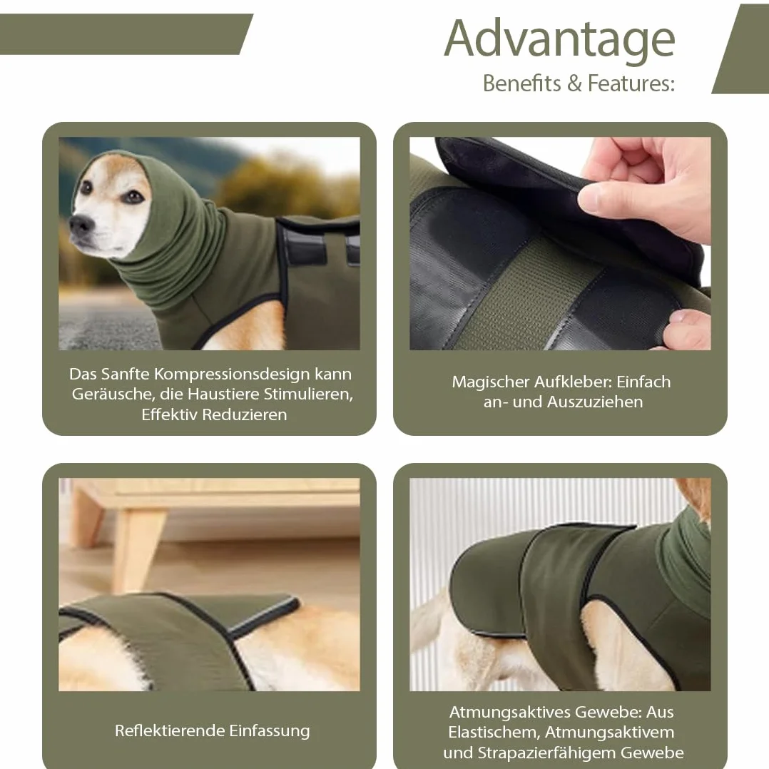 Cappotto calmante per cani con protezione orecchie e strisce riflettenti antistress (XL)
